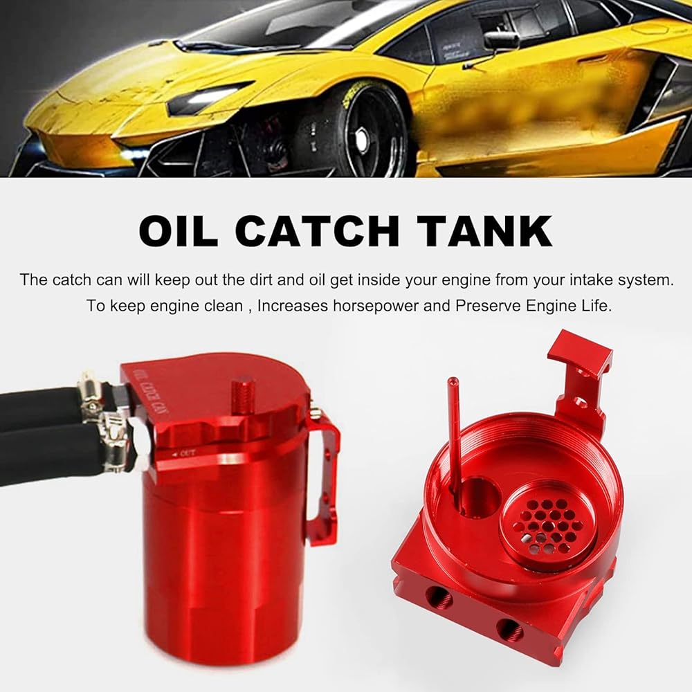 RULLINE Oil Catch Can Kit Oil Separator Tank Engine Polished Baffle Universal Aluminum Compatible with Ford F150 2.7EB 3.5EB 5.0 Passenger Side 2011-2019 Models Red