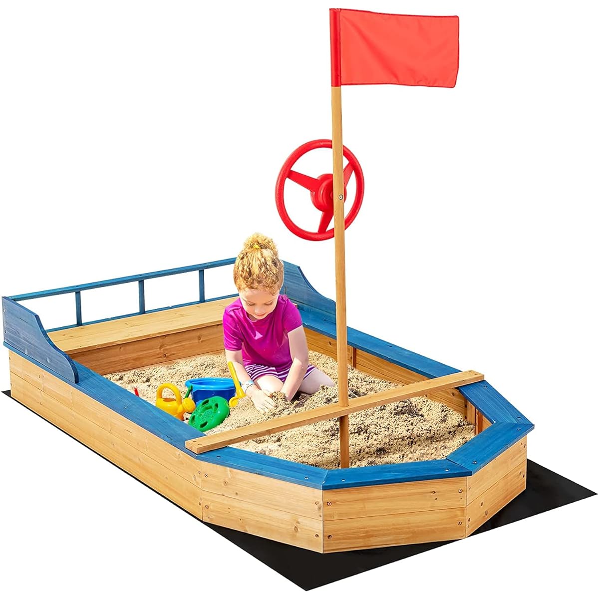 HONEY JOY Pirate Ship Sandbox for Kids, Wooden Bottomless Sand Boat with Liner, Sandbox with Realistic Flags and Handles, Storage Bench Seat, Outdoor Sandbox with Backrest for Backyard