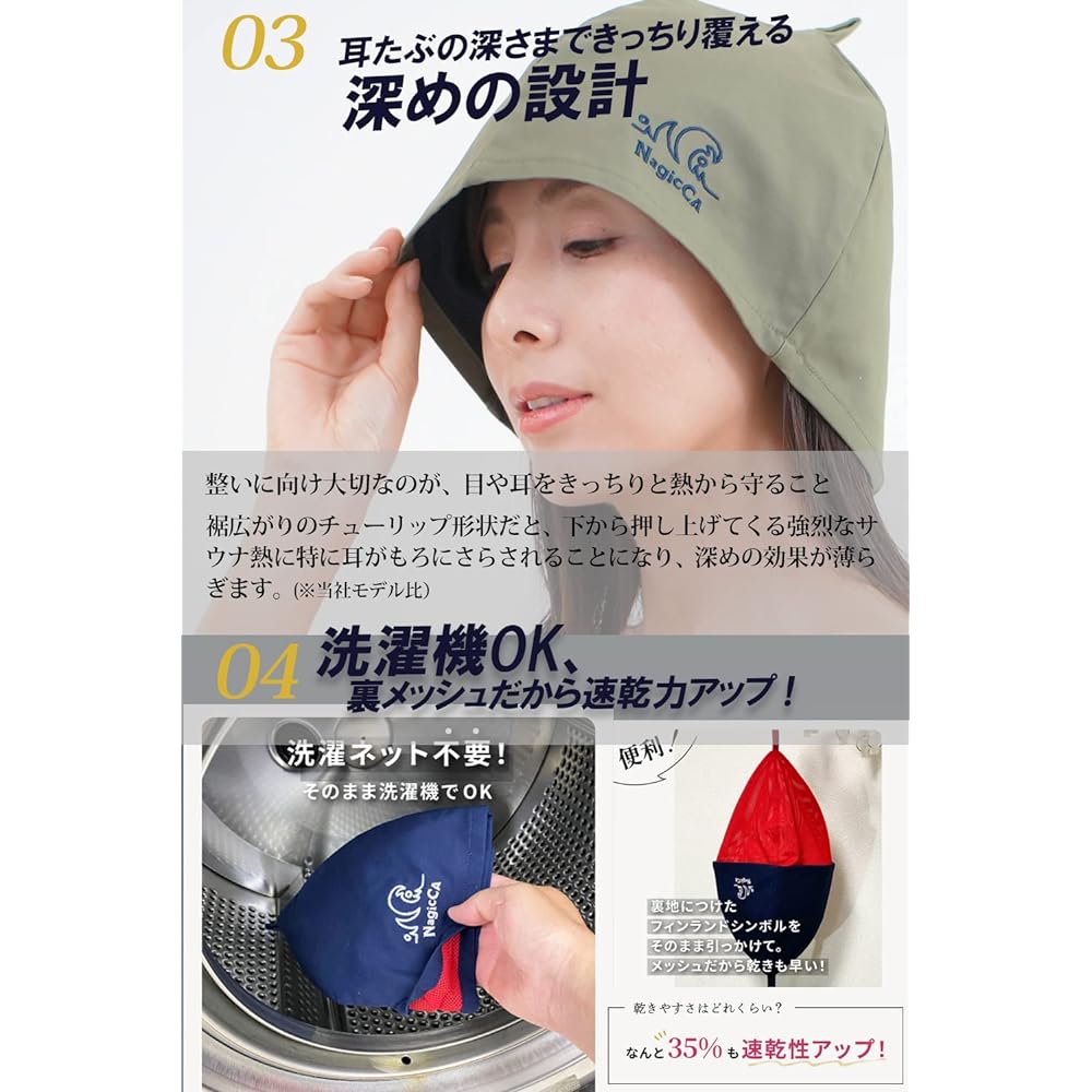 [Nagicca] Sauna Hat, Durable Cotton Twill Fabric, Mesh Lining, Quick Drying, Fits Ears, Large Size, Men's, Women's, Washable, Fully Washable, Sauna Hat, Cap, Damage Care, M L LL