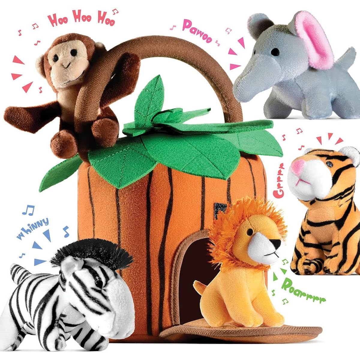 Play22 Plush Talking Stuffed Animals Jungle Set - Plush Toys Set with Carrier for Kids Babies & Toddlers - 6 Piece Set Baby Stuffed Animals Includes Stuffed Bear, Elephant, Tiger, Lion, Zebra, Monkey