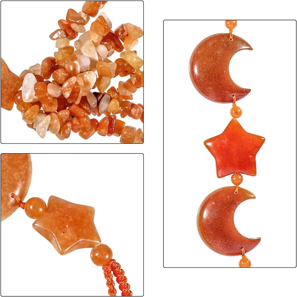 mookaitedecor Red Aventurine Crystal Moon & Stars Hanging Ornament with Chip Stone Tassel Feng Shui Ornament Home Car Decor Reiki Meditation 11-11.4 inch