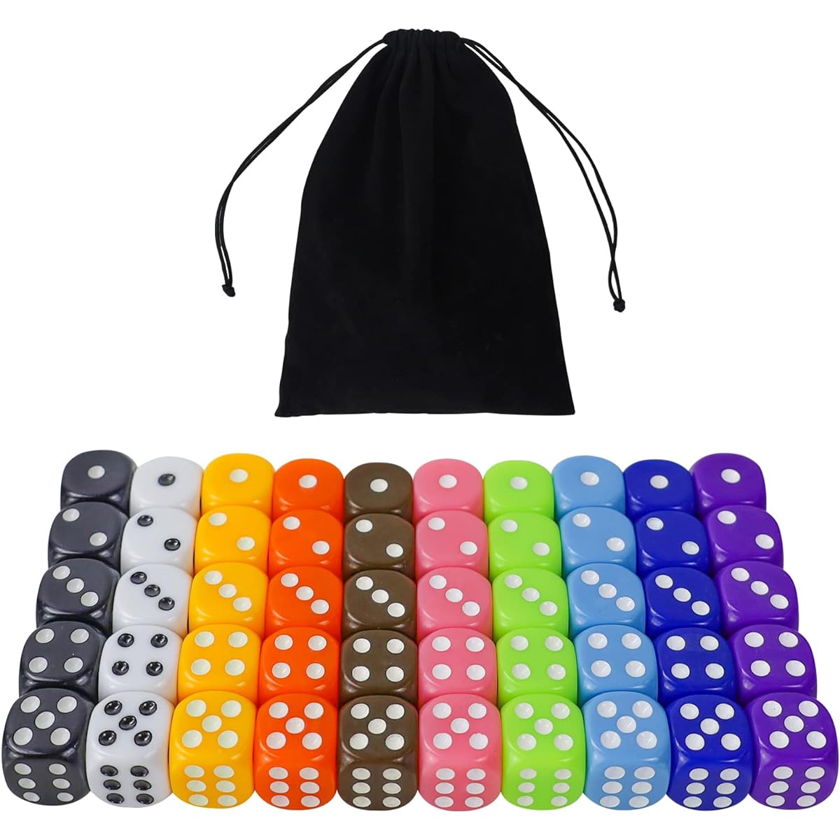 SLAKOZYT 6-sided Dice Set, 50 Pieces 16mm Opaque Acrylic Game Dice for Board Games, Dice Games, Math Games with Velvet Pouch, 10 Colors