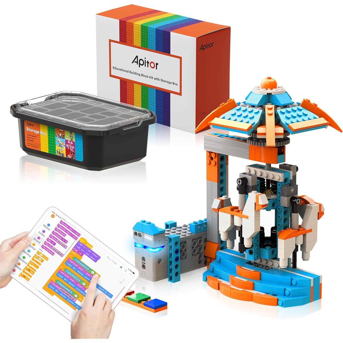 Apitor Robot S (Storage Version), Robot S + Storage Box with Removable Storage Tray, 10-in-1 Model Building Robot, STEM Educational Toys for Kids - Visual Programming Language (389 Building Blocks)
