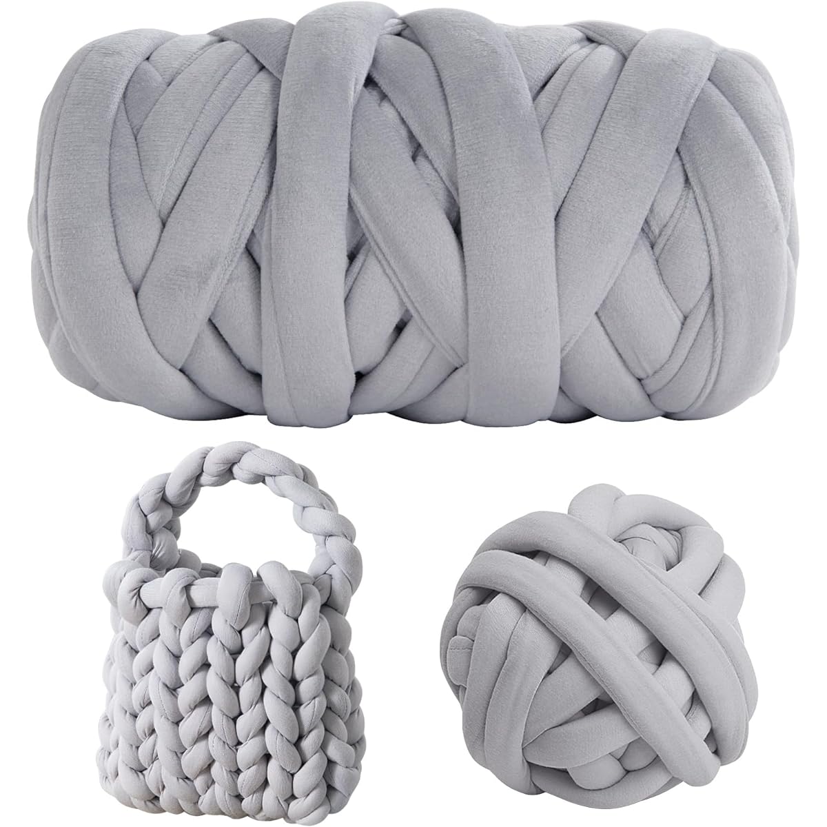 HOMBYS Chunky Yarn for Hand Knitting 2.2 lbs Super Bulky Thick Jumbo Yarn Velvet Fabric Cotton Tube Yarn for Arm Knitting Giant Yarn Big Yarn for Crochet Big Thread for Chunky Blanket Light Gray 33 Yards