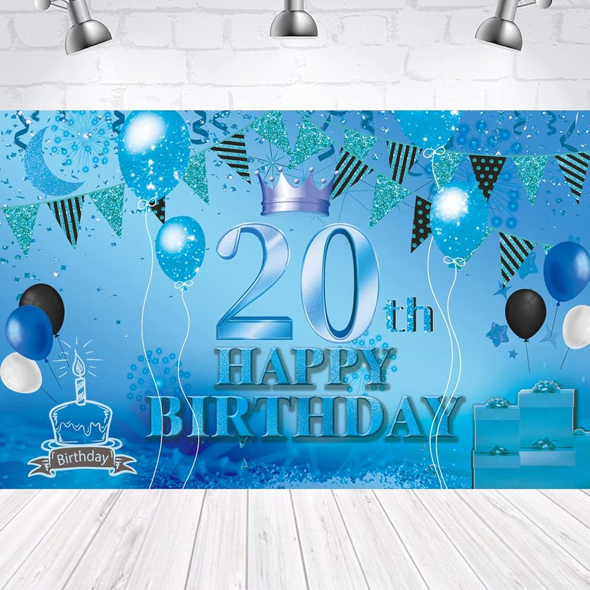 Happy 20th Birthday Background Banner Blue 20th Sign Poster 20th Birthday Party Supplies Anniversary Photo Booth Photo Backdrop Birthday Party Decorations 72.8 x 43.3 inches