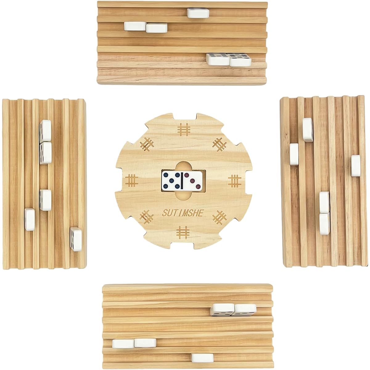 SUTIMSHE Mexican Train Wooden Domino Tray/Rack Set of 4 with Wooden Hub and Felt Bottom for Mexican Train Dominoes, Domino Holder, Domino Tile Holder, Domino Wood Holder for Family Game Night