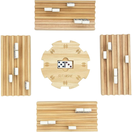 SUTIMSHE Mexican Train Wooden Domino Tray/Rack Set of 4 with Wooden Hub and Felt Bottom for Mexican Train Dominoes, Domino Holder, Domino Tile Holder, Domino Wood Holder for Family Game Night