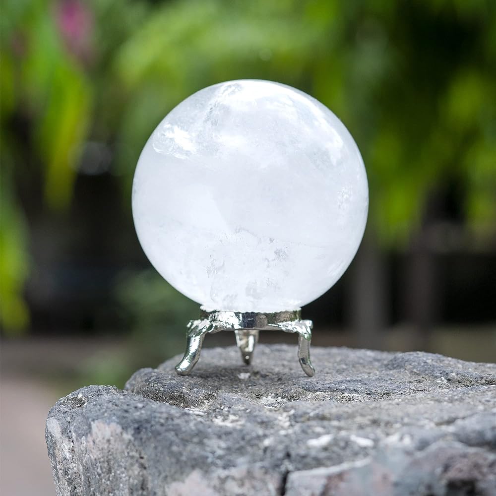 Crocon Clear Quartz Stone Ball, Gemstone Ball Healing Sphere Sculpture with Metal Stand Feng Shui Fortune Telling Figure Home Decoration Photo Crystal Sphere Size: 50-60 mm