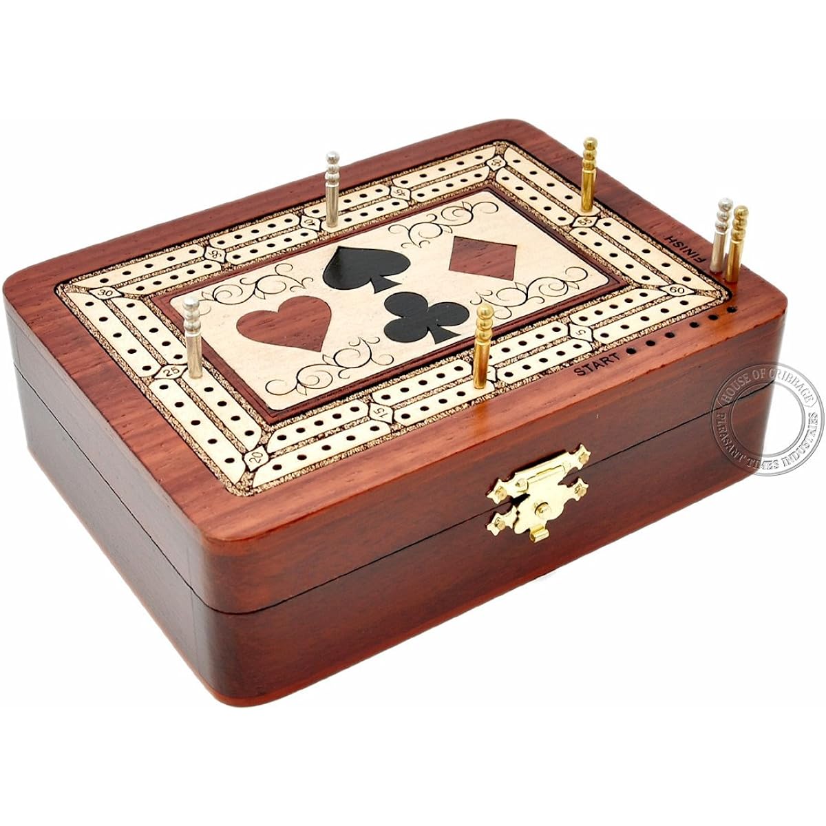 (Bloodwood - Maple Wood) - House of Cribbage - 2 Track - Wooden Cribbage Board/Box - Inlaid in Bloodwood/Maple Wood - Storage for Pegs & One Deck of Cards - 60 Points - Non Continuous