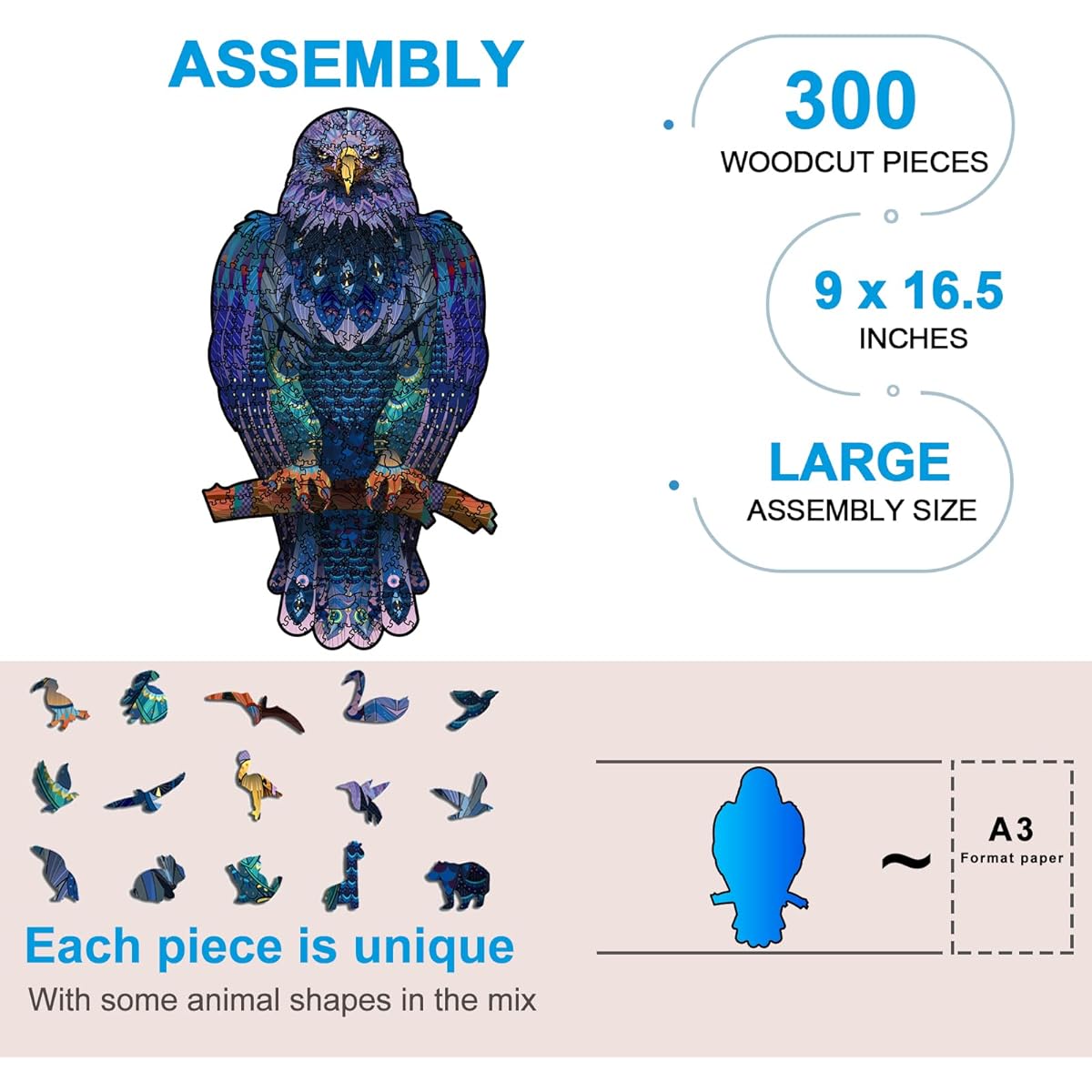 NKTDWO 300 Piece Wooden Puzzle for Adults 9x16.5 Inch Jigsaw Puzzle for Kids Animal Shape Wooden Puzzle Gift for Holiday/Christmas/Friends/Family (Large Size, Eagle)