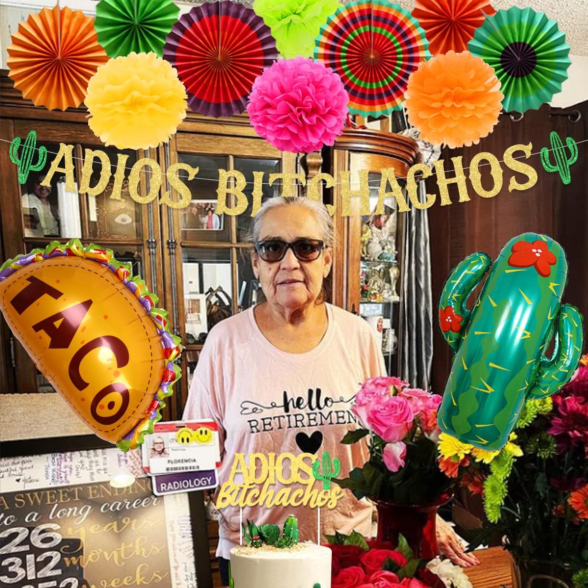 Adios Bitchachos Decoration Banner Cake Topper Paper Fan Pom Pom Fiesta Farewell Career Retirement College Graduation Party Supplies