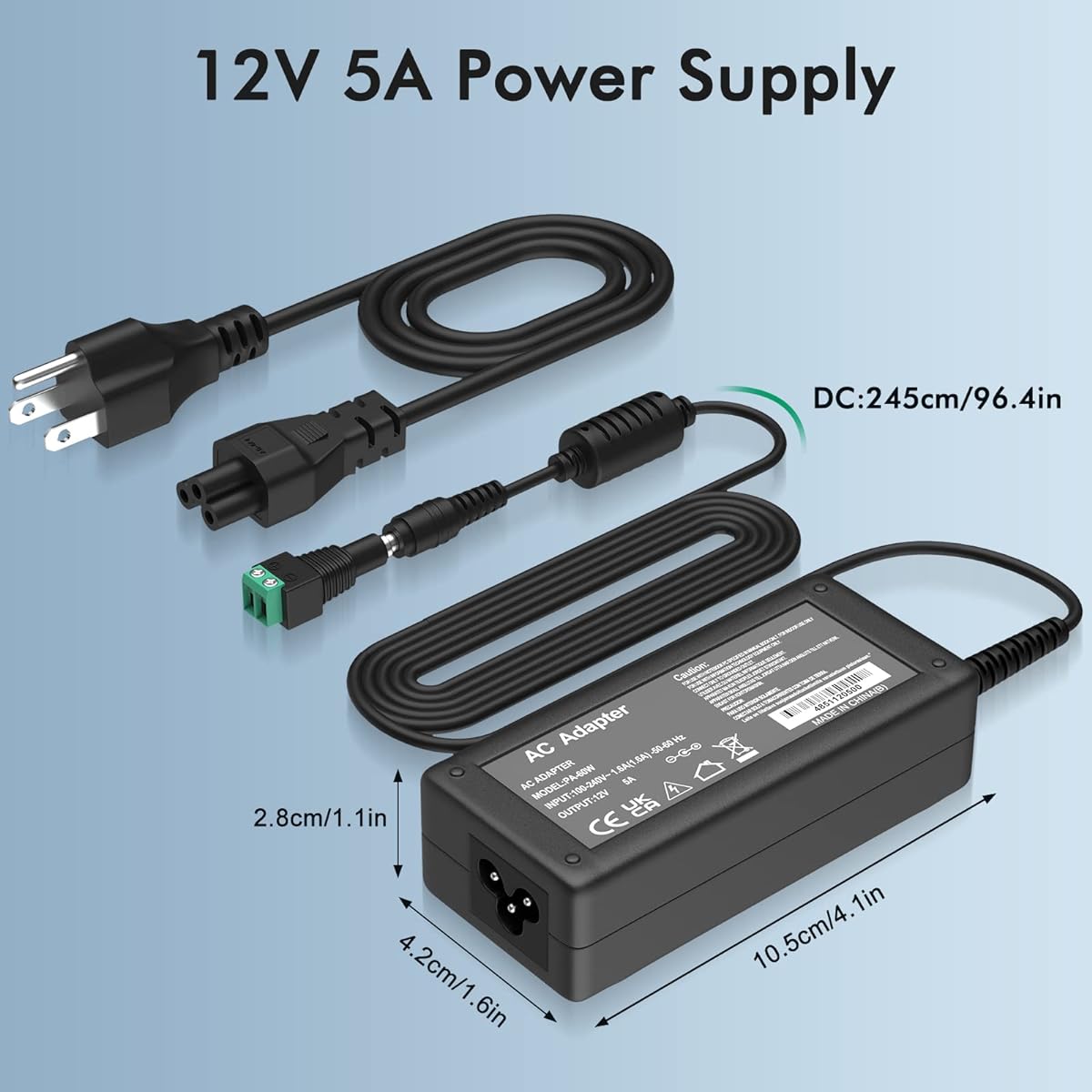 Waysse 12V 5A Power Supply 12V 5A 60W AC Adapter 12 Volt 5amp AC/DC Power Adapter Converter Transformer AC 100-240V 5.5x2.5mm DC Plug for LED Strip Light CCTV Camera