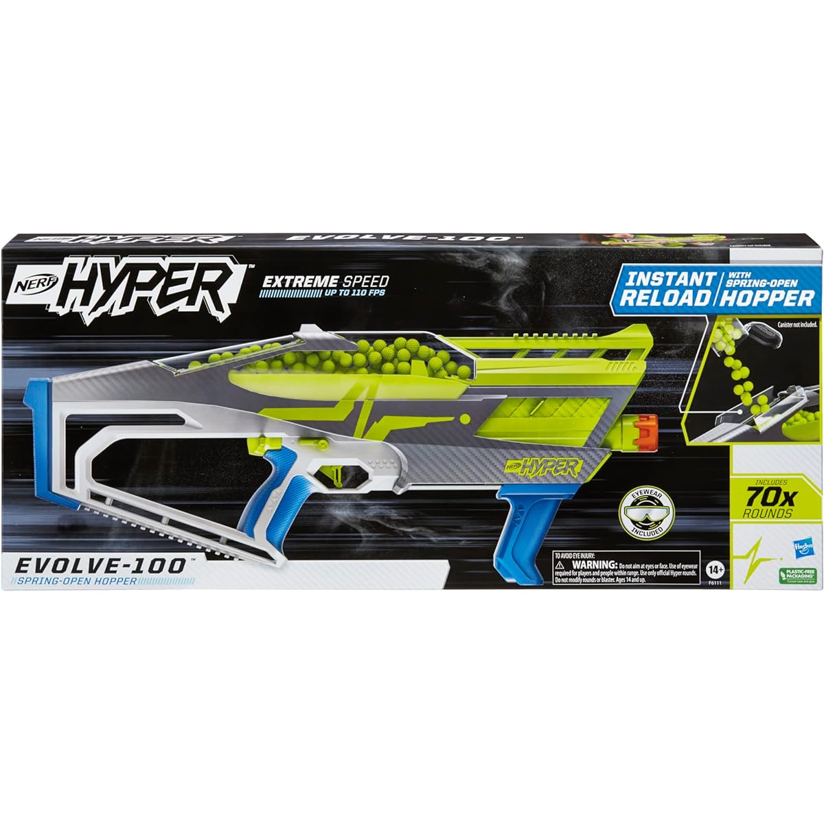 NERF Hyper Evolve-100 Blaster, 70 Hyper Rounds, Spring Opening, Instant Reload Hopper, Max Speed 110FPS, Eyewear Included
