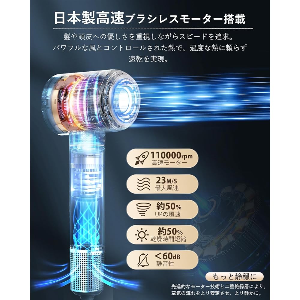 Aliliy Dryer, High Wind Speed, Large Airflow, Quick Drying, High Speed Brushless Motor, 200 Million Negative Ions, Hot and Cold Rhythm, 110,000 RPM, 4 Wind Speeds, 4 Wind Temperature Modes, 16 Modes,