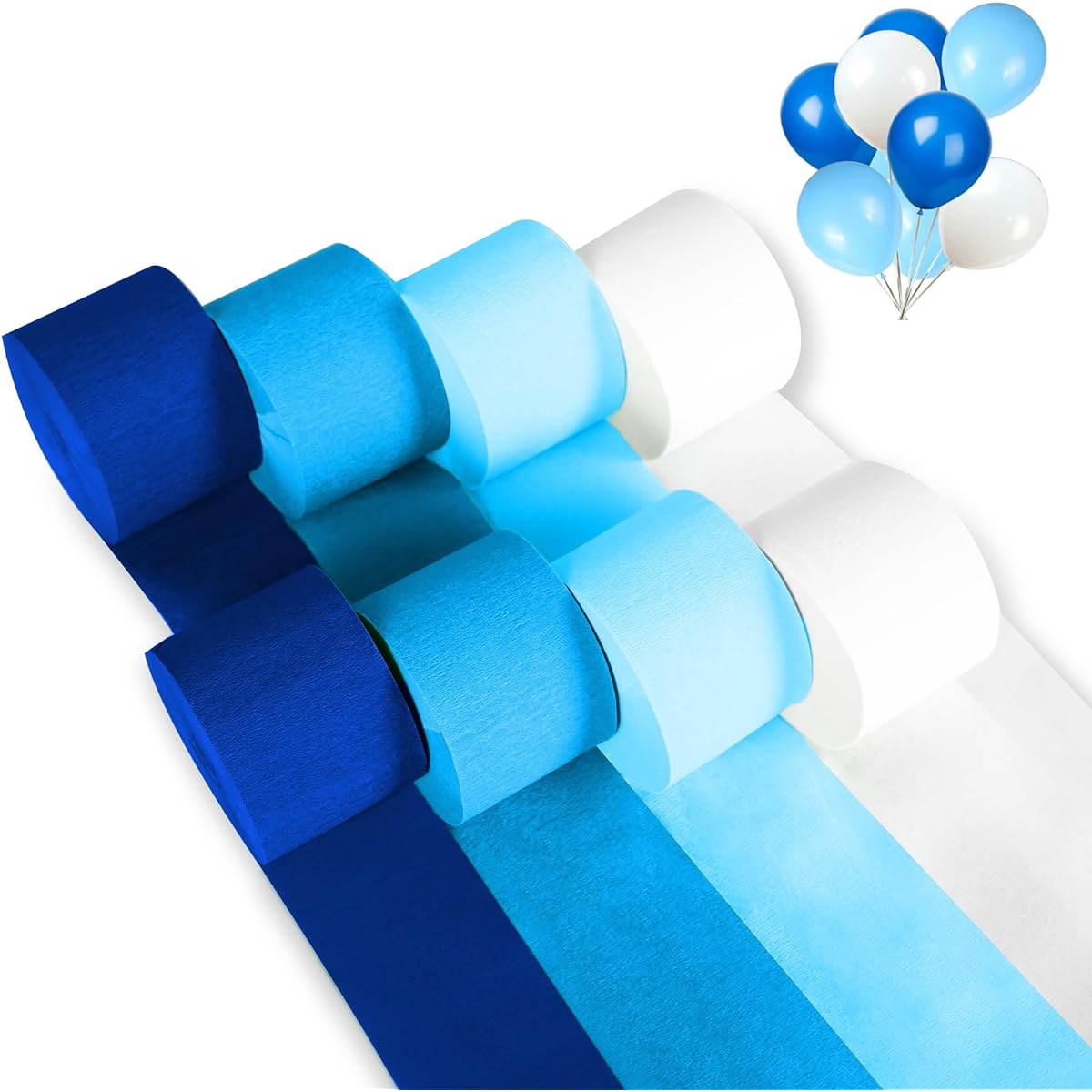 Crepe Paper Streamers (622ft x 1.8in) - 8 Rolls & 8 Balloons - Dark Blue, Blue, Sky Blue, White Party Streamers for Birthday Party Decorations, Backdrops, Arts & Crafts
