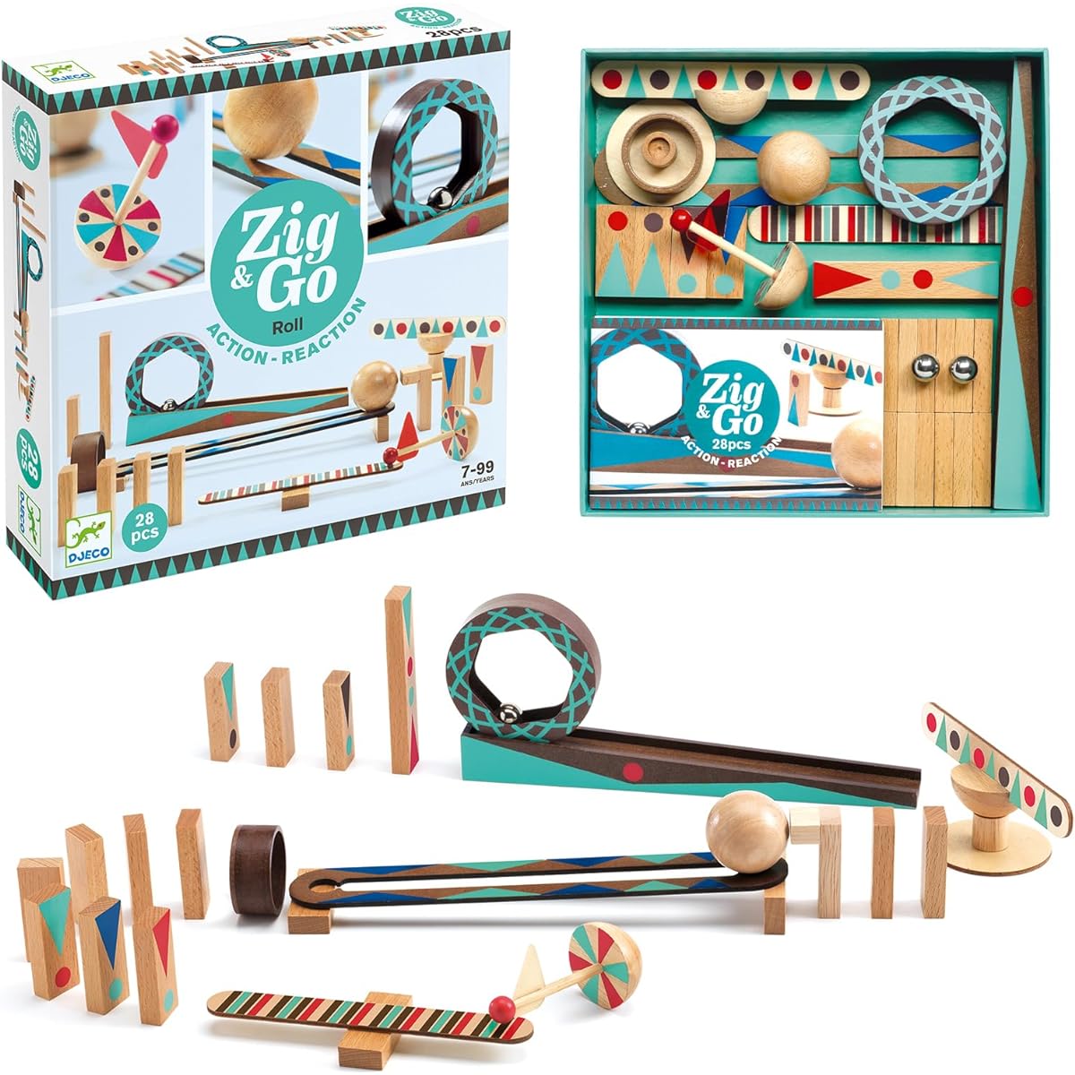 [DJECO Jig and Go 28 Pieces] Domino toppling set, educational toy, wooden mechanism, Christmas present (DJ05640)