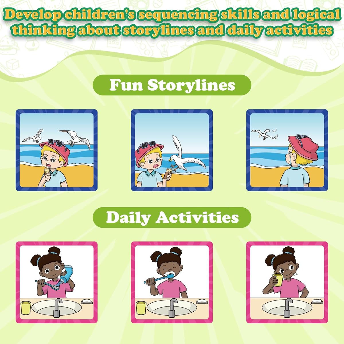 Kasfalci Sequencing Cards, Sequencing Games for Kids, Autism Speech Therapy Resources, Storytelling, Social Skills, Writing, Preschool Learning Activities for Classroom and Homeschool, Green
