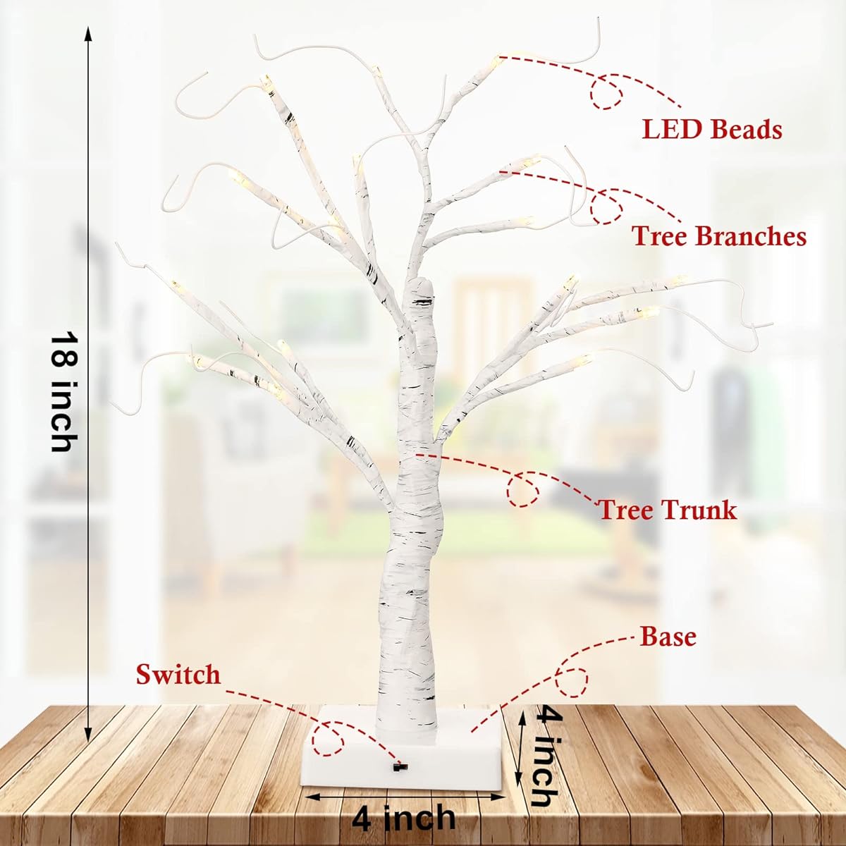 Valentine's Day Decoration White Tree Pre-lit Birch Tree Light Set with 10 Hanging Heart Ornaments and Lights for Home Desk Valentine's Day Wedding Decor