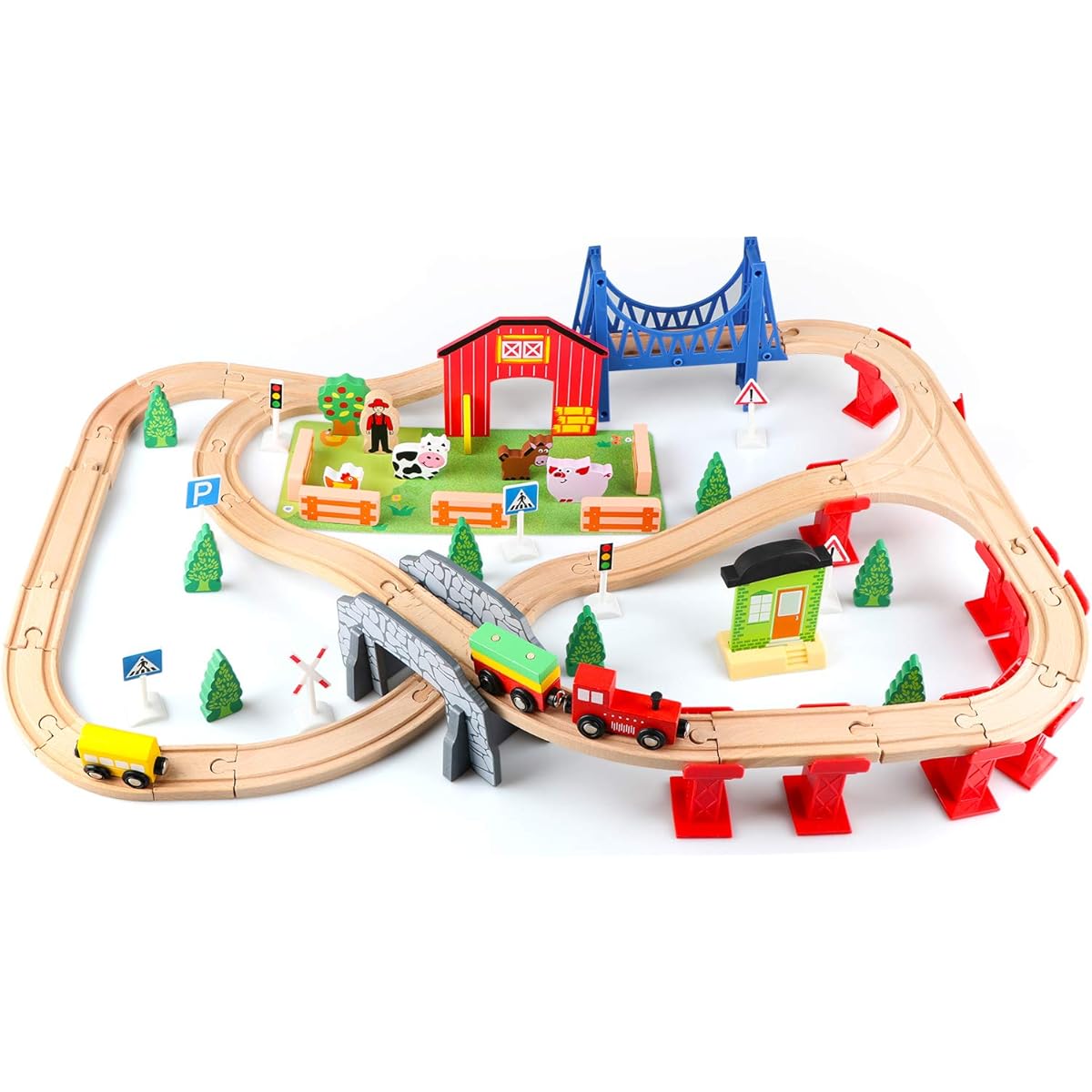 Garlictoys 82 Piece Wooden Train Track Set, Wooden Train Set, Train Toys for Kids Toddlers Boys Girls Ages 3 4 to 5+ Expandable Train Toys Railway Set All Ribbon Train Track Set