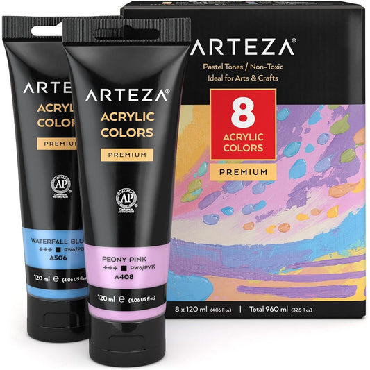 ARTEZA Acrylic Paint Set, 8 Pastel Colors, 4 Fluid Ounce Tubes, High Viscosity Water-Based Paints, Glossy Finish for Canvas/Paper/Wood/Fabric/DIY Painting