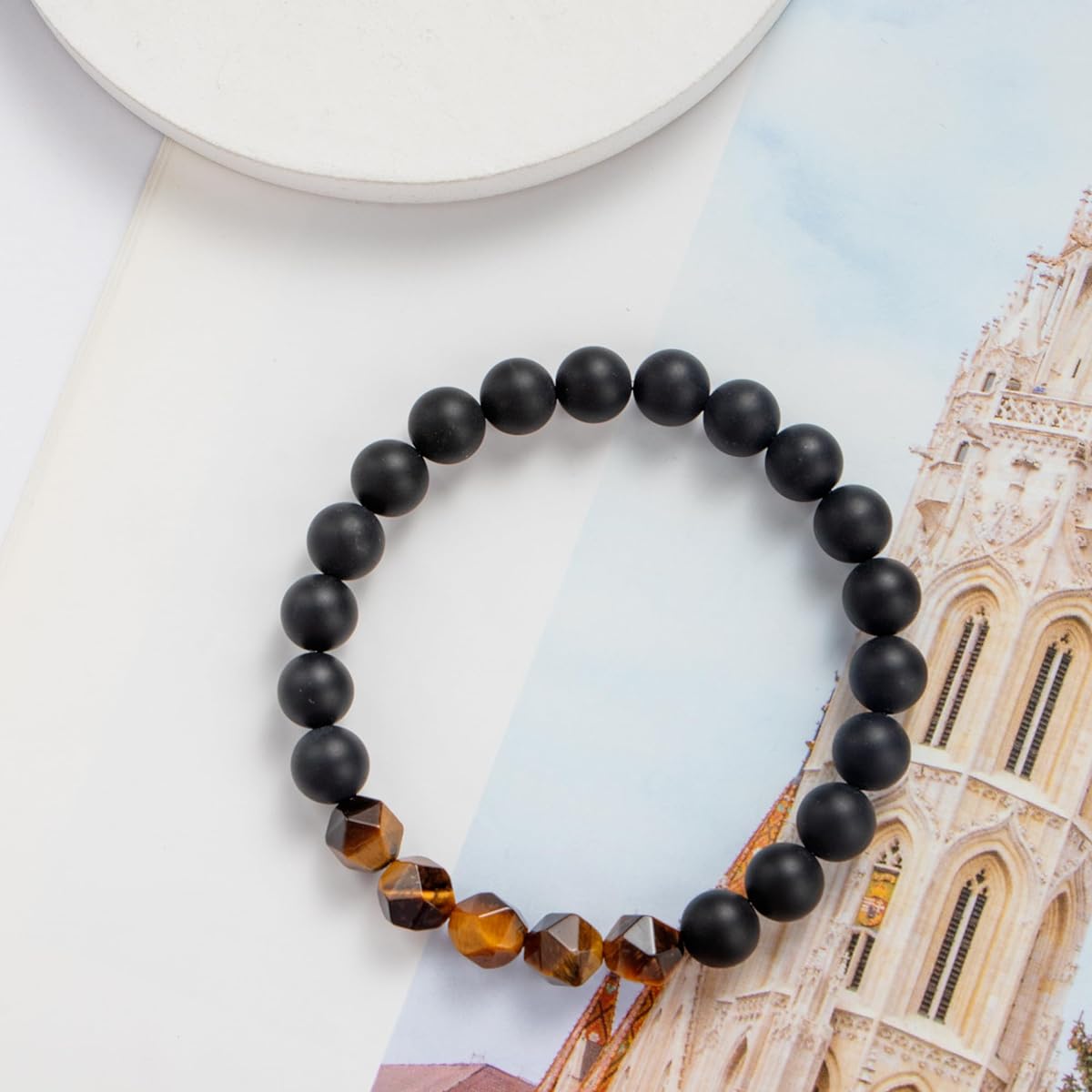Lepida Natural Stone Beads Inspirational Bracelet with Card Tiger Eye Matte Black Onyx Beads Bracelet Gift for Husband Son