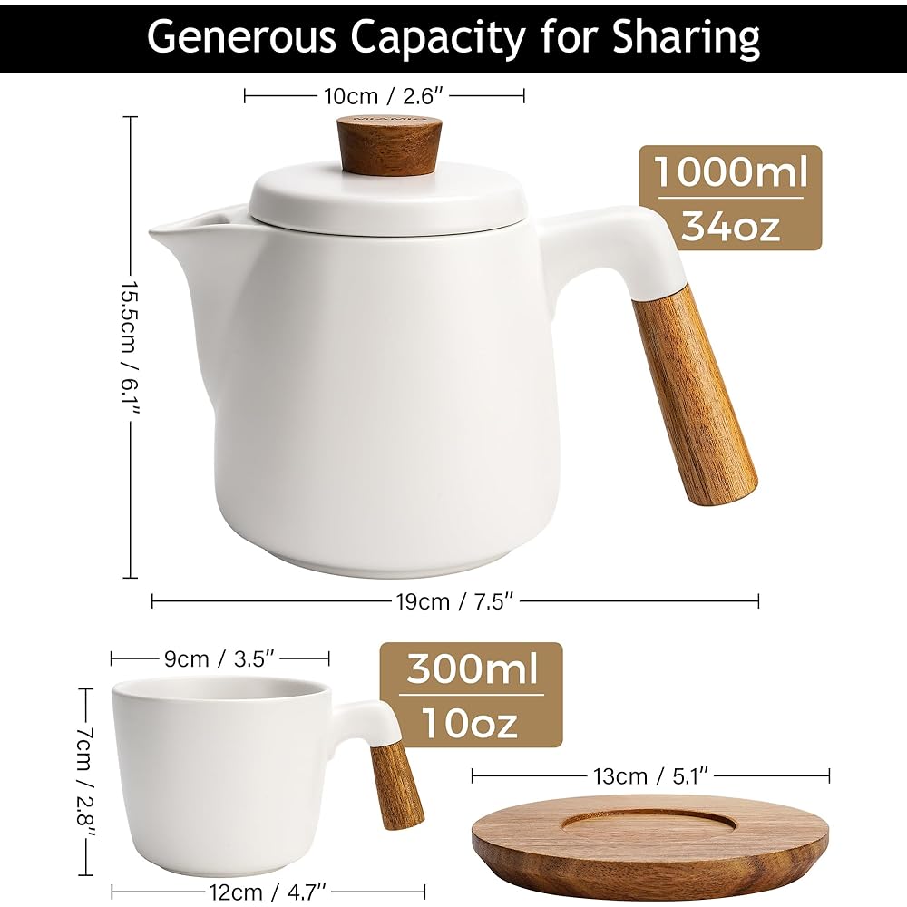 MIAMIO – 1000 ml ceramic teapot set with infuser and cup/tea strainer, 4 ceramic tea mugs (300 ml), bamboo saucer/handle, for home and office use (white)