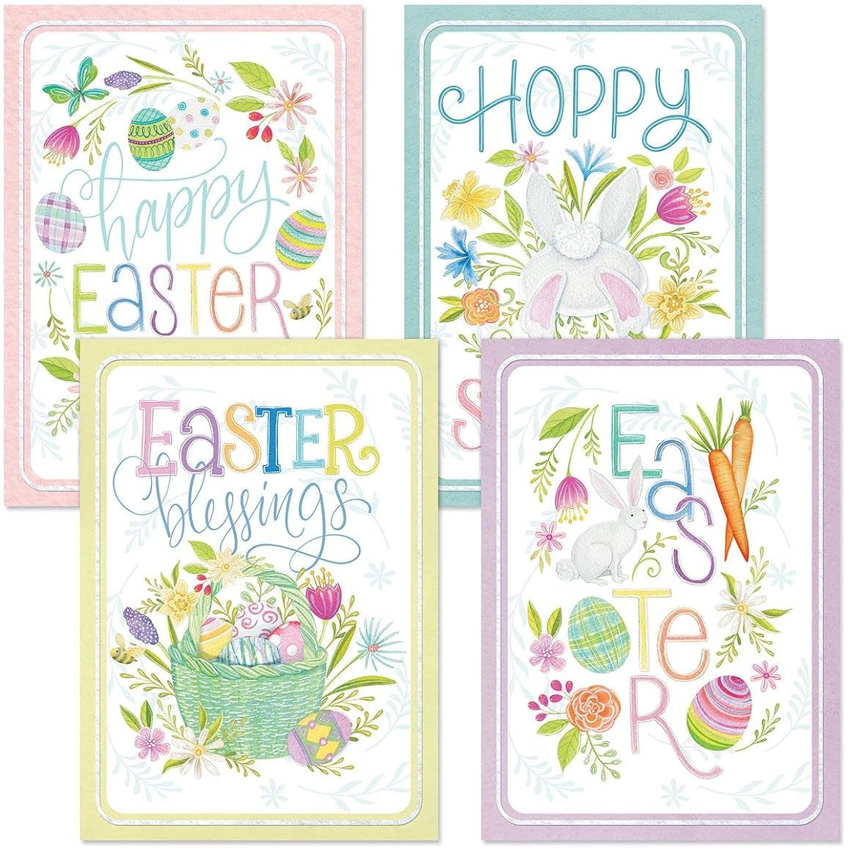 Bunny Trail Greeting Cards - Set of 8 (4 Designs) 5 x 7 Inch Easter Cards with Personalized Messages and Envelopes