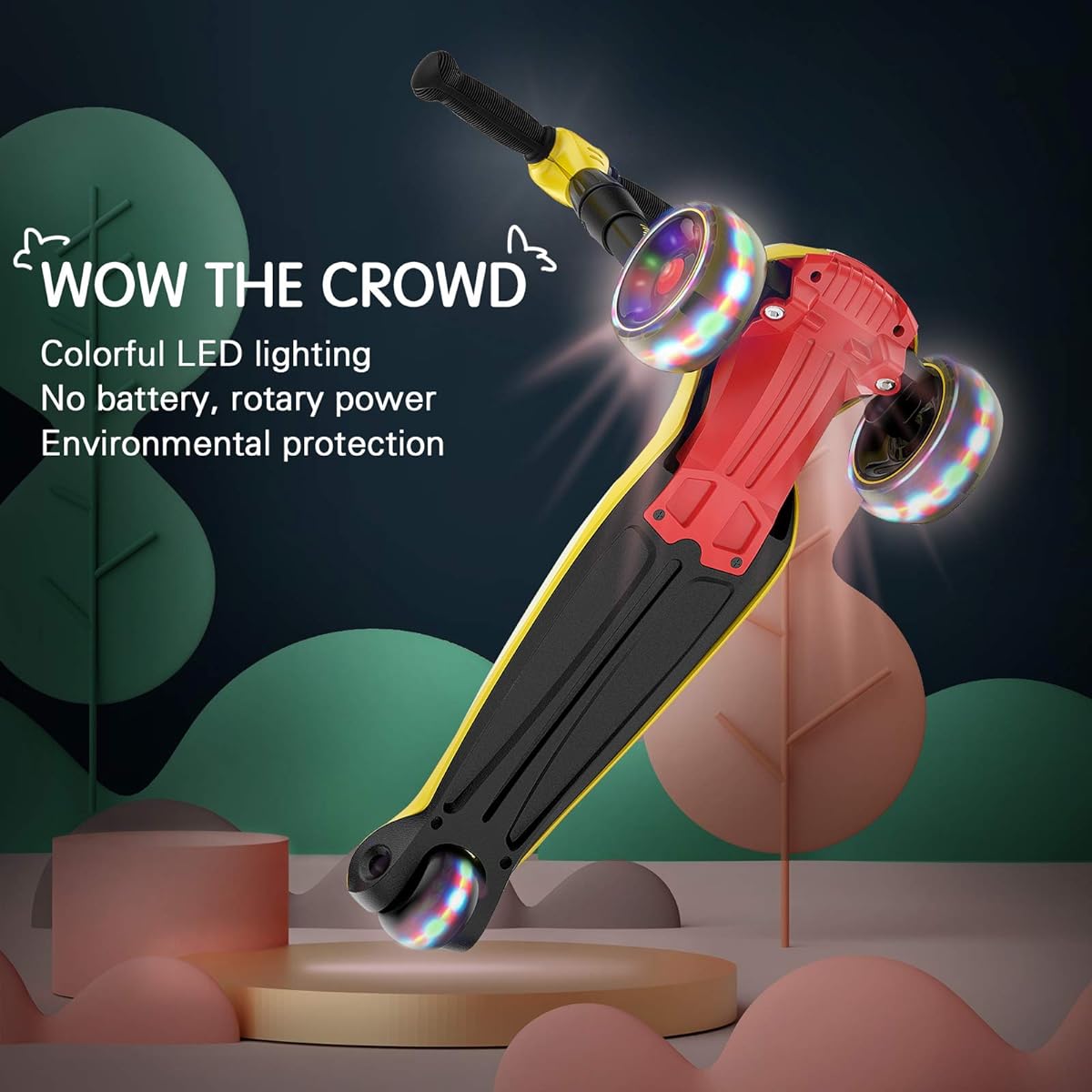 LOL-FUN Toddler Scooter for 3-12 Years Old Boys and Girls, 3 Wheels with LED Lights, Extra Wide, Foldable Kick Scooter for Kids, Ages 3-5, 4 Levels, Adjustable Height, Easy Tilt - Austin Yellow