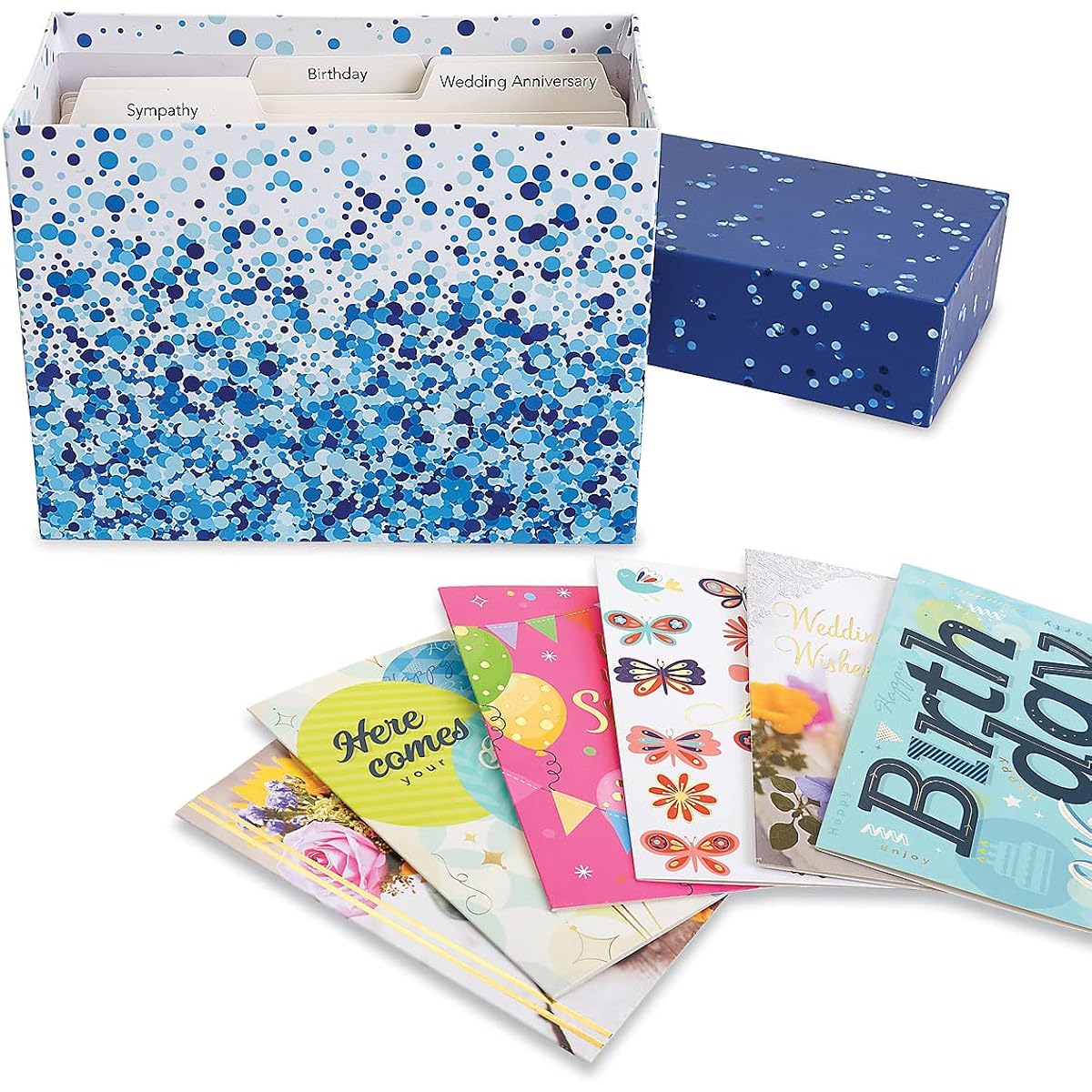 Blue Greeting Card Organizer Box with 48 All Occasion Cards - 5" x 7" Cards and 7.5" x 10" x 5.25" Box