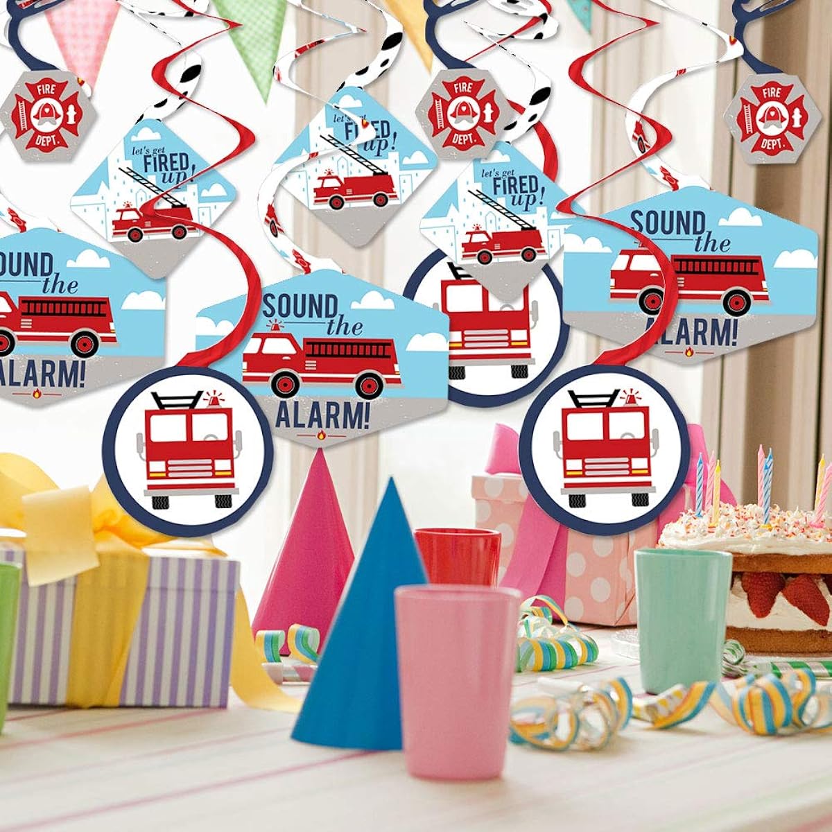 Big Dot of Happiness Fire Truck Firefighter Fire Truck Baby Shower Birthday Party Hanging Decor Party Decorations Swirls Set of 40