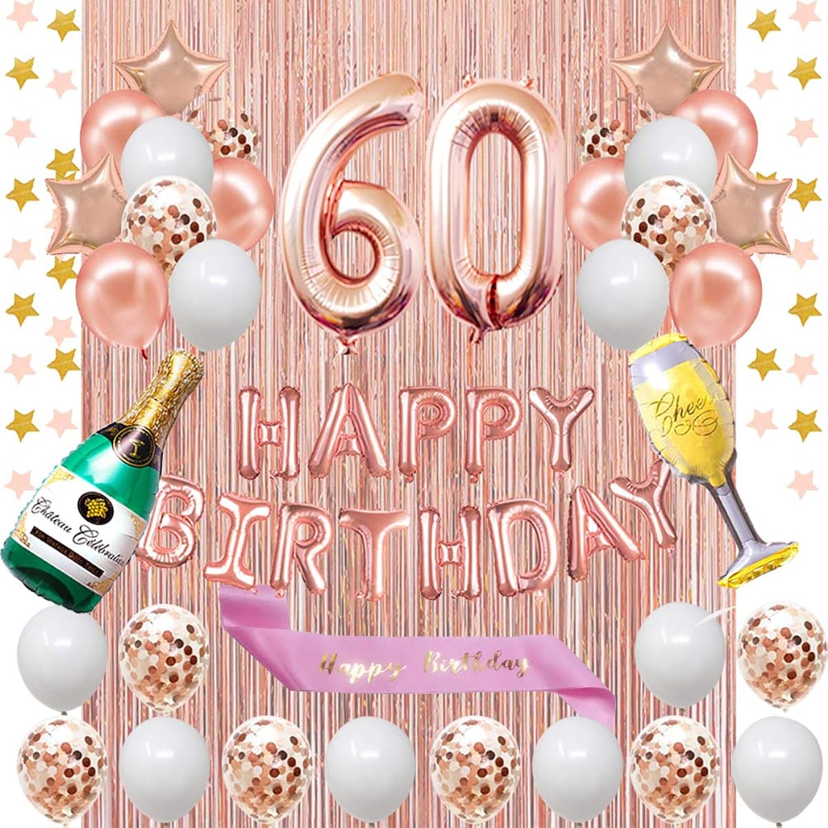 Fancypartyshop 60th Birthday Decorations - Rose Gold Happy Birthday Banner and Sash, Number 60 Balloons, Latex Confetti Balloons, Perfect for Women, 60th Birthday, Rose Gold