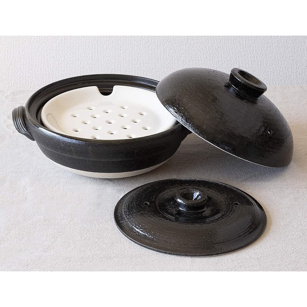 Saji Pottery Banko Ware Three-in-One Healthy Earthen Pot (Inner Lid and Drainboard Included) Tenmoku Made in Japan 32-258 Black 2000ml