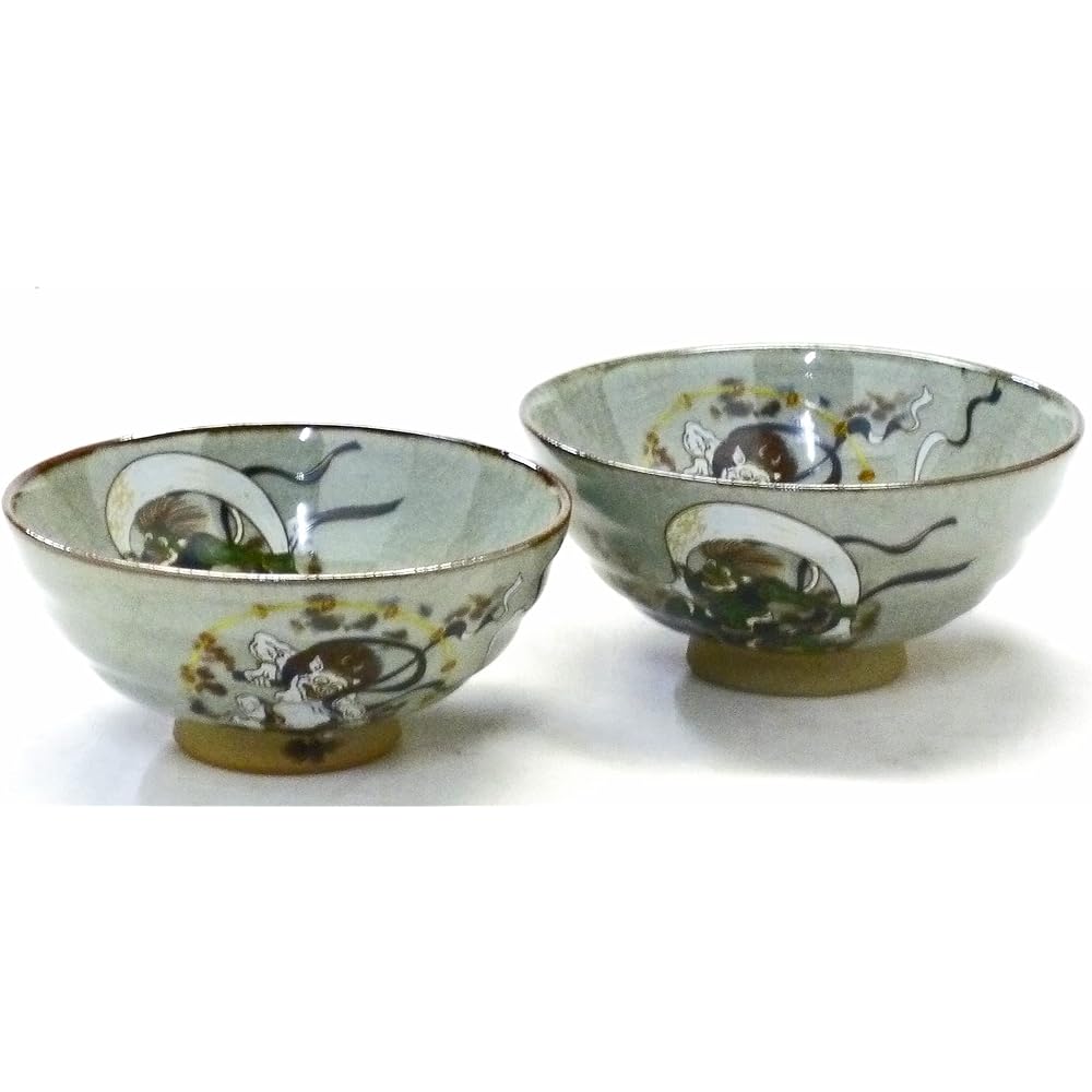 Kutani ware [Pair of rice bowls] Wind God and Raijin with inner painting