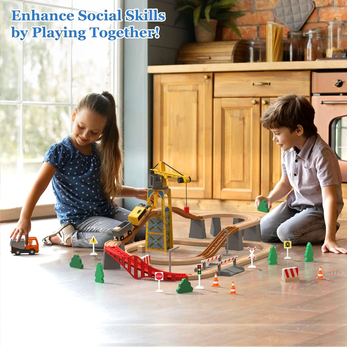 Giant Bean 72 Piece Tower Crane Wooden Train Set - Toy Battery Operated Train Track for Boys and Girls - 3-7 Inches - Fits Thomas the Train, Brio, Melissa, Doug