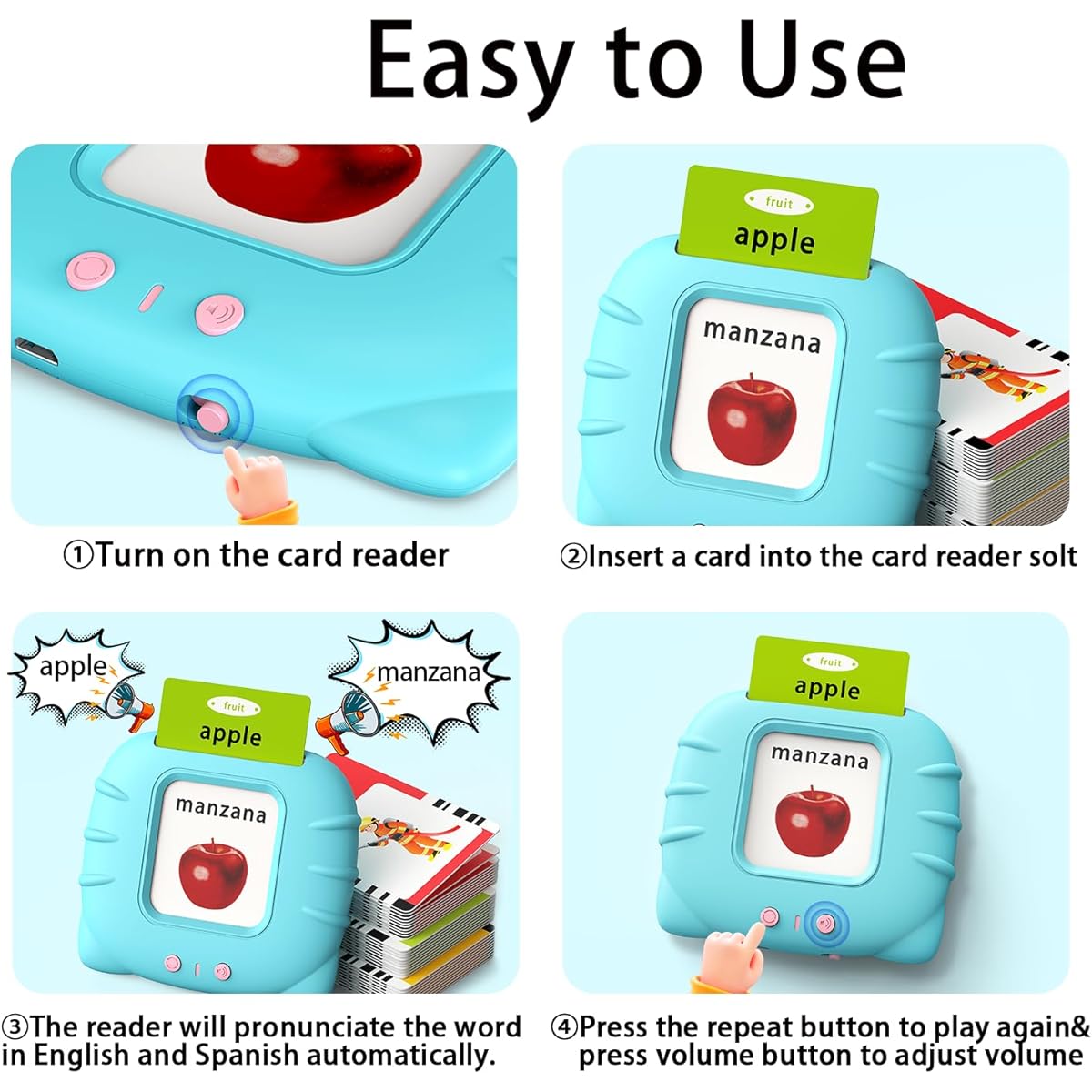 Kidzdo Spanish and English Audible Toys Bilingual Spanish/English Talking Flash Cards with Music Preschool/Toddler 2 3 4 5 6 Learn Spanish English