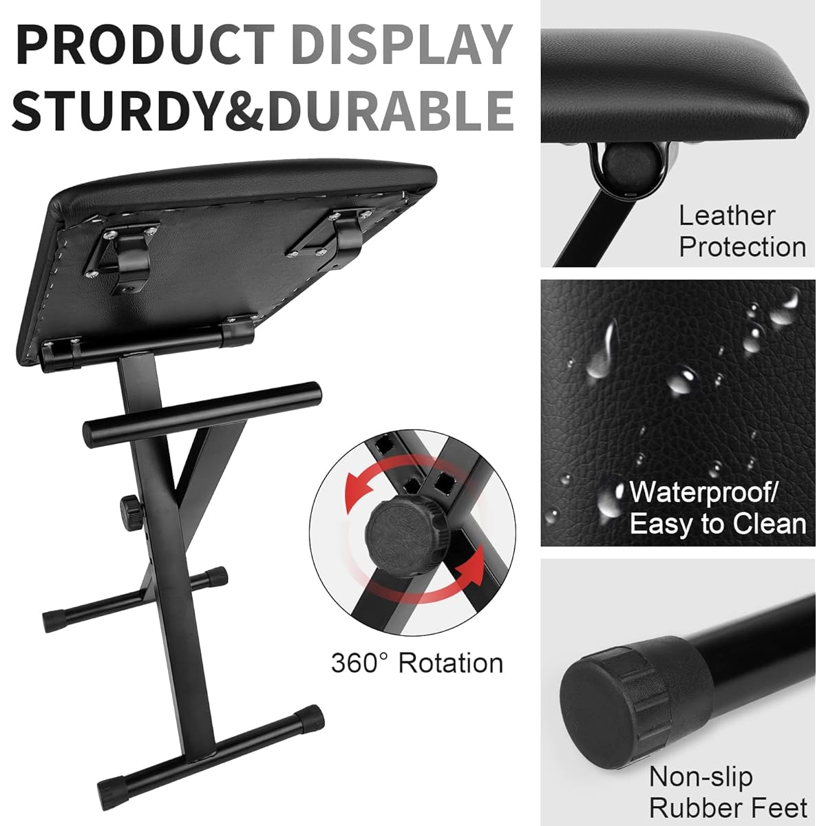 MUZNOTE Piano Bench, Adjustable Keyboard Bench, Padded Keyboard Chair Seat, X-Style, Foldable, Flame Retardant Cotton, Anti-Slip Waterproof Design, Black