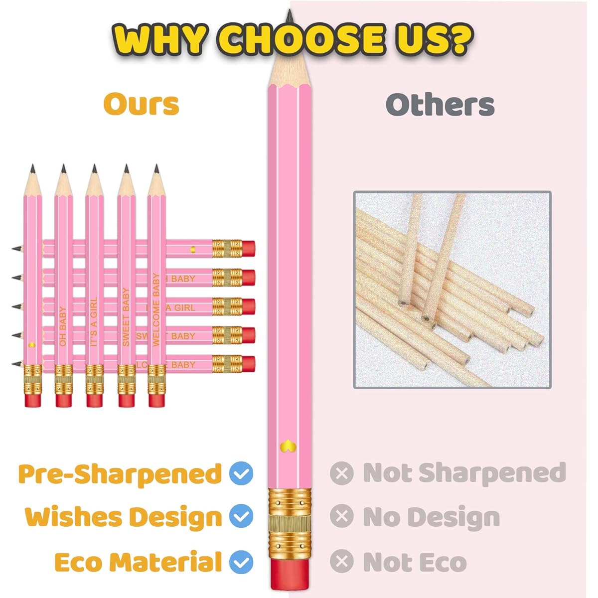Vusnud 50pcs - Baby Shower Sharp Half Pencils with Erasers, Sharpened Pencils for Baby Shower Games, 4 Inch (Pink-Girl-Oh Baby)