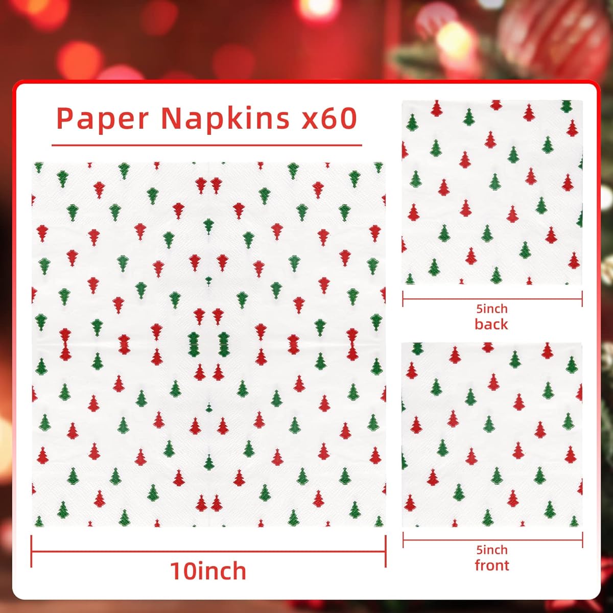 Quera 60 Pack Christmas Paper Napkins Christmas Tree Red Green 5 x 5 Inch Disposable White Beverage Napkins Decorative Table Napkins New Year Winter Dinner Merry Christmas Holiday Christmas Party Supplies