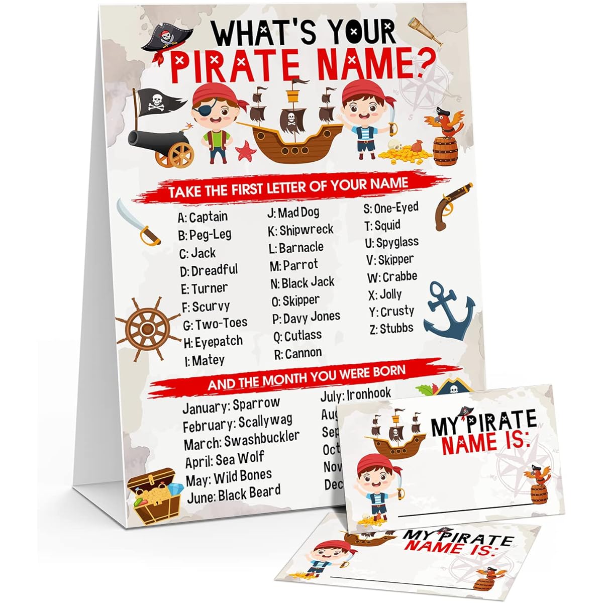 LWBEO What's Your Pirate Name - Birthday Party Game - Set of 1 Game Sign and 30 Stickers - Birthday Party, Holiday, Activity, Celebration Supplies for Kids and Teens - GAME-027