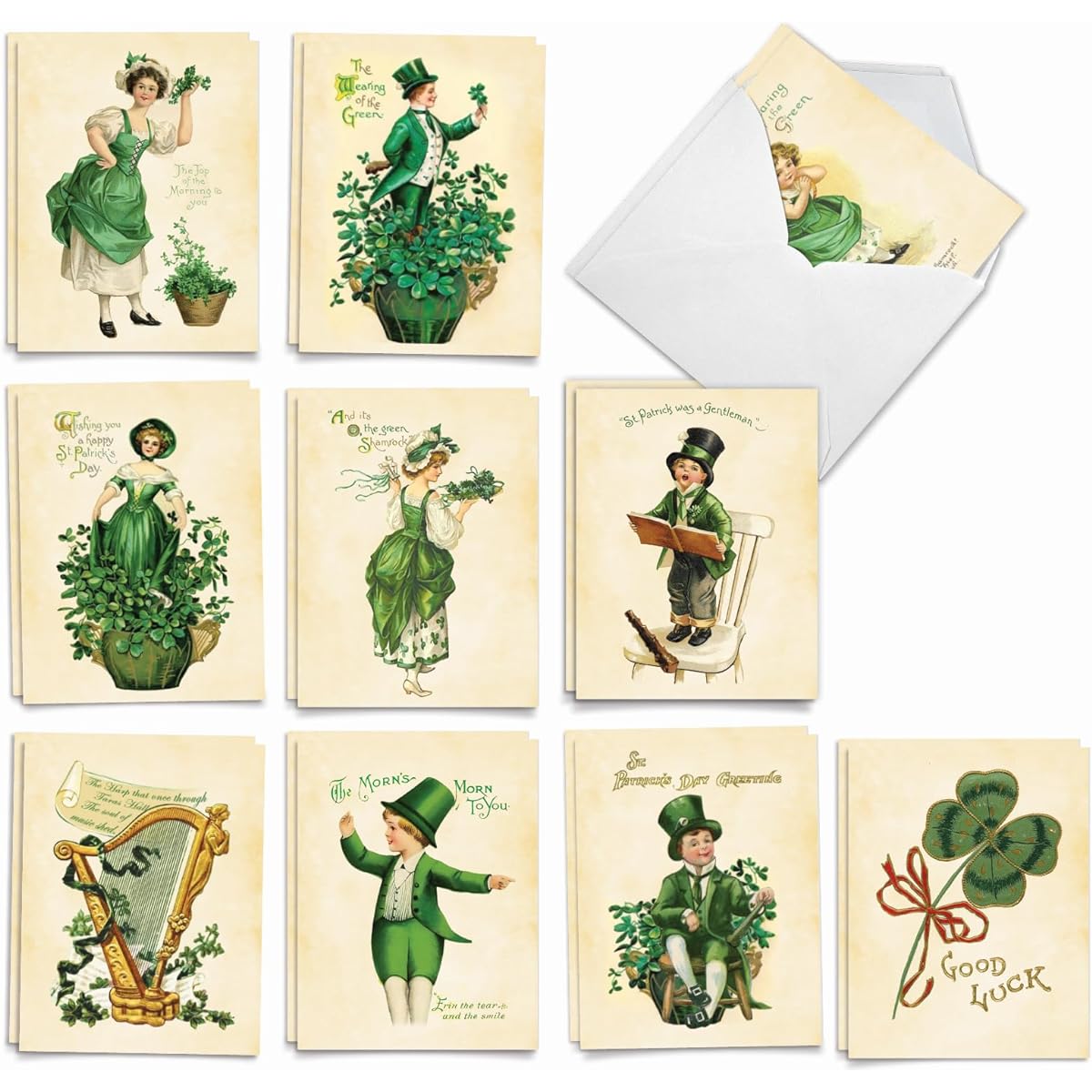The Best Card Company Set of 20 St. Patrick's Day Note Cards Bulk Box Set 4 x 5.12 Inch with Envelopes (10 Designs, 2 of Each) Irish Vintage AM10416SPG-B2x10