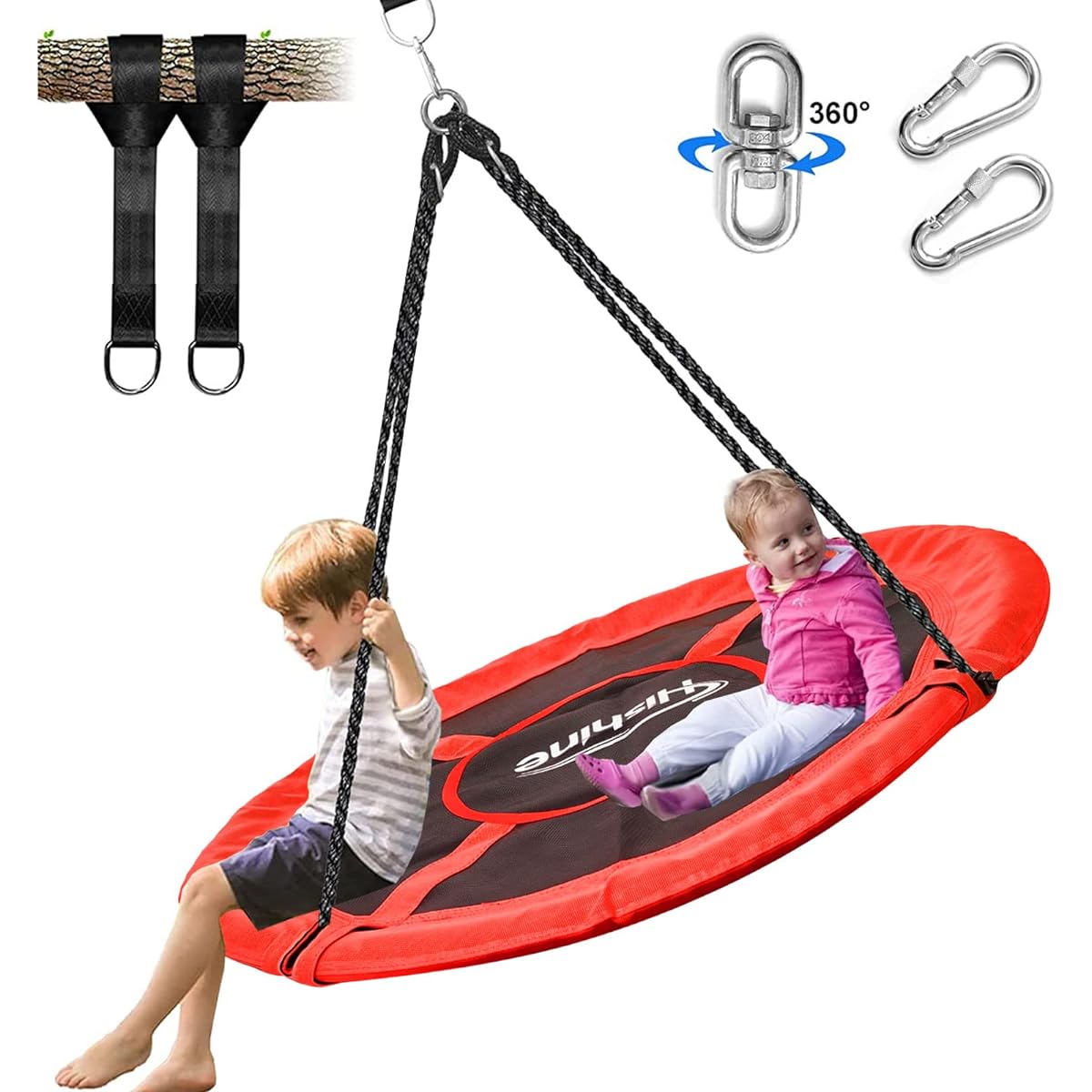 Hishine 43 Inch Saucer Tree Swing for Kids 360° Rotation Waterproof Flying Saucer Swing with Swivel Hanging Strap Adjustable Rope Round Mat Tree/Swing Spinner Swing Set (Red)