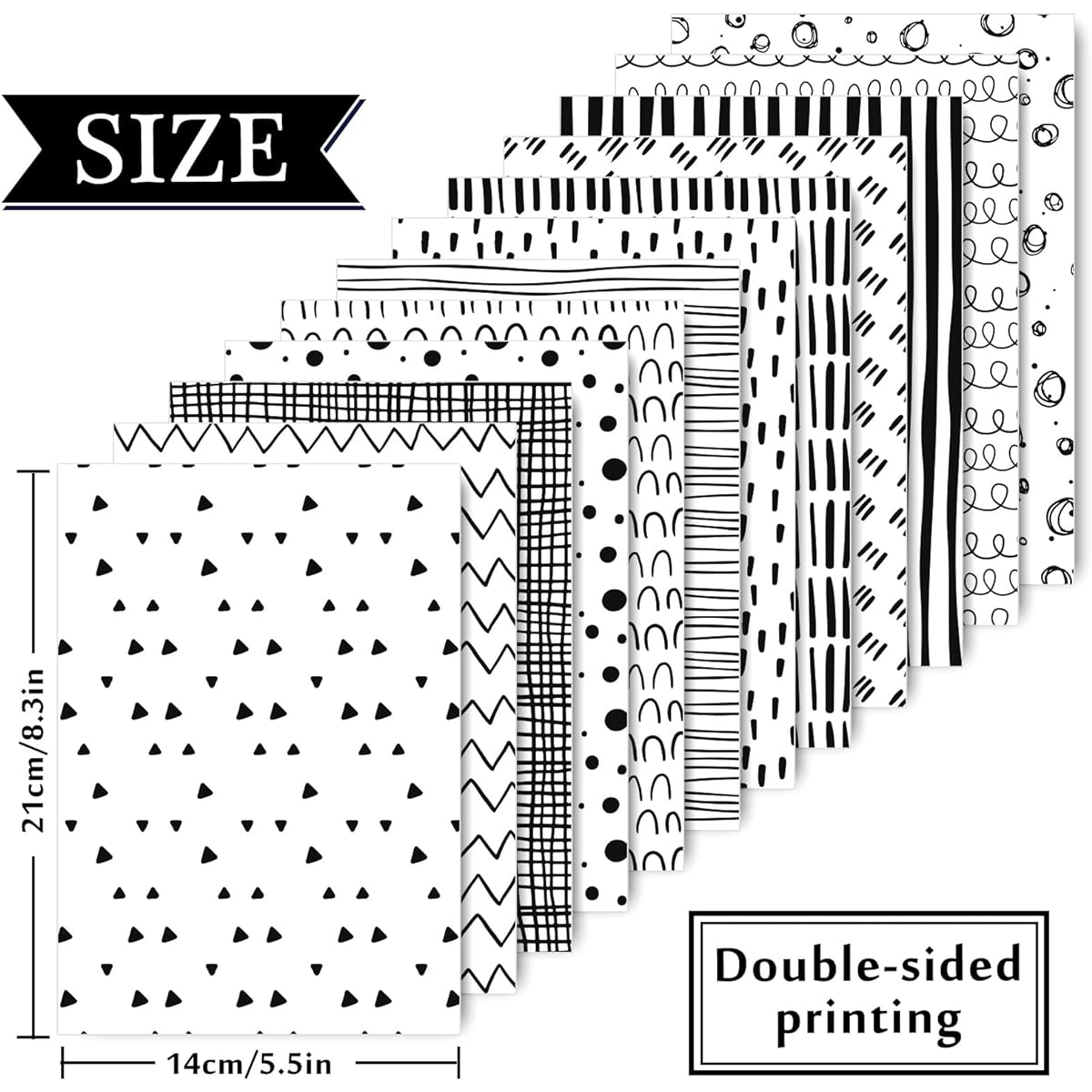 Whaline 60 Sheets Black & White Doodle Pattern Paper, A5 Size, Hand Drawn Waves and Dots Scrapbook Paper, Double Sided, Minimalist Craft Paper, DIY Background Card Making Supplies, 12 Designs