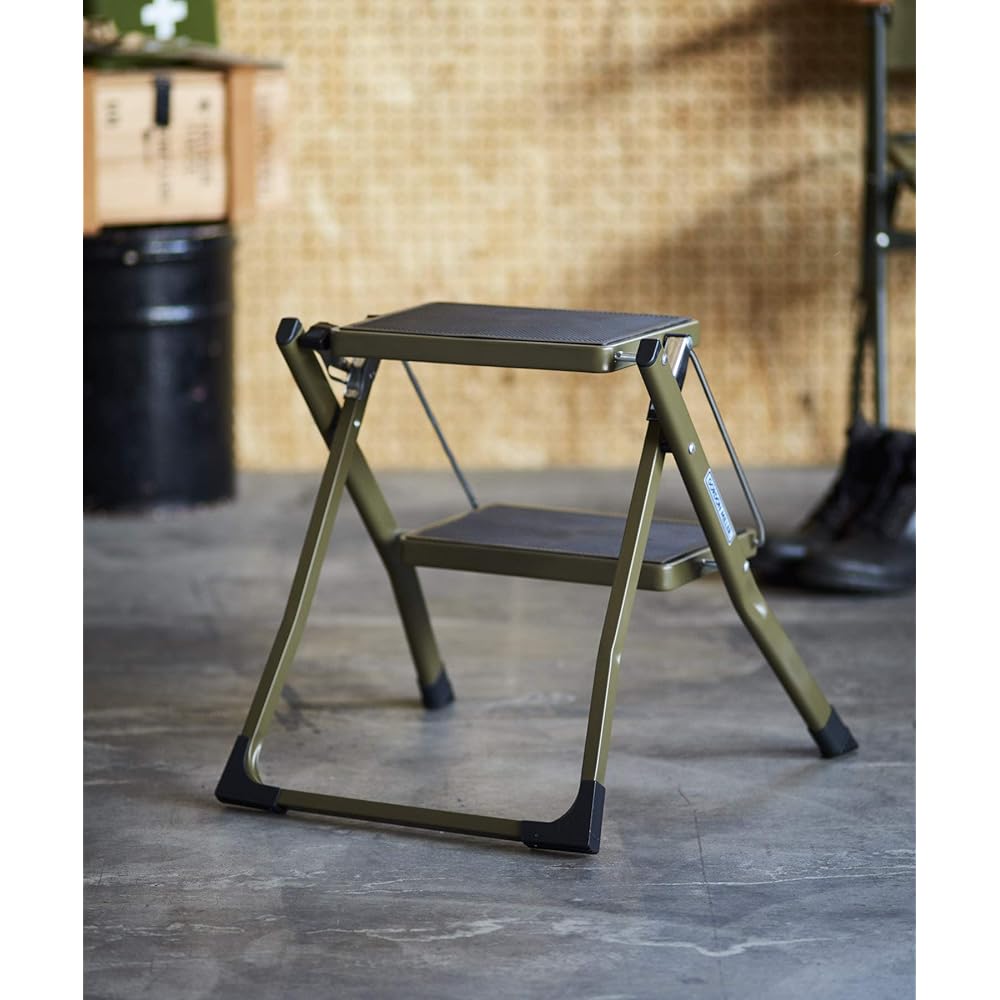 GORDON MILLER Step Ladder Car Wash DIY H45 x W49 x D48 (when used) Step Stool Folding 2 Tier Steel Load Capacity 100kg OD Khaki 1528035