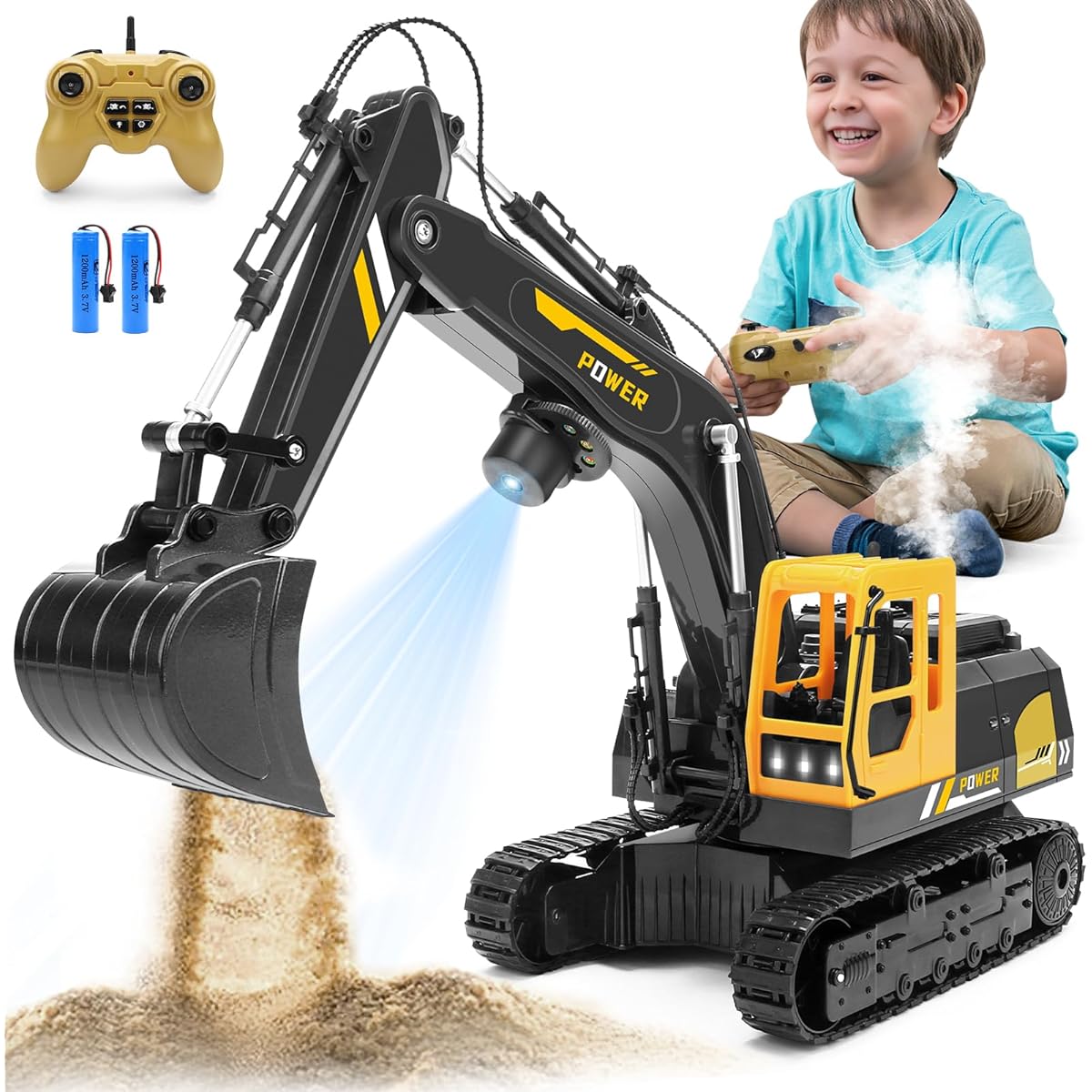 Remote Control Excavator Toys for Boys - 12 Channel Metal Excavator RC Excavator with Spray & LED Lights RC Construction Vehicle with 2 Batteries for Kids Boys Girls Age 4-7 8-12