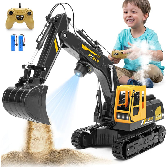 Remote Control Excavator Toys for Boys - 12 Channel Metal Excavator RC Excavator with Spray & LED Lights RC Construction Vehicle with 2 Batteries for Kids Boys Girls Age 4-7 8-12