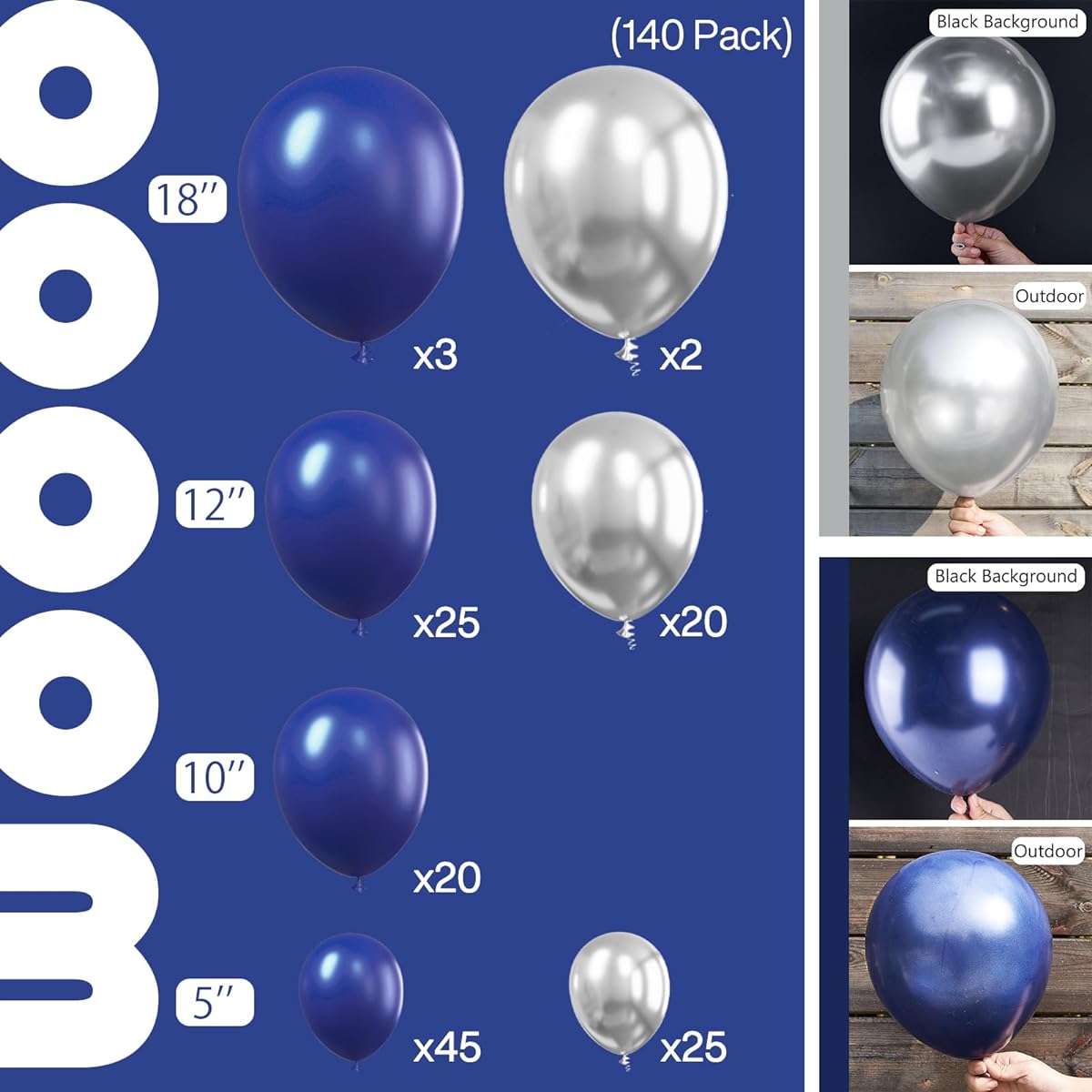 PartyWoo Blue Silver Balloons 140pcs Navy Blue Silver Different Size 18inch 12inch 10inch 5inch Balloon Garland for Arch Birthday Decorations Party Decorations