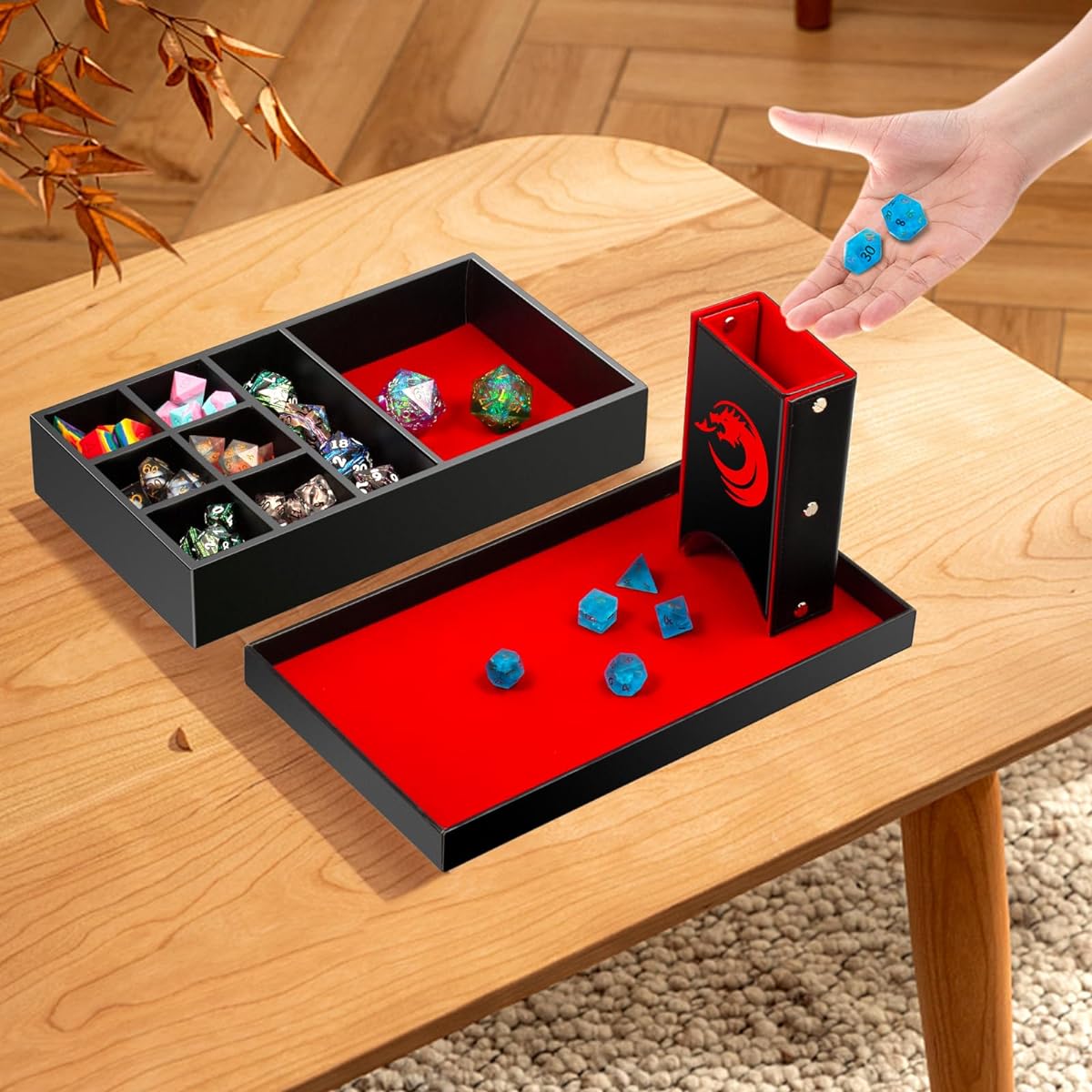 DNDND 3-in-1 DND Dice Tray Dice Tower Dice Storage Portable Rectangular Storage Tabletop Games for Dungeons and Dragons D&D Tabletop RGP Games (Red Velvet and Black PU Leather)