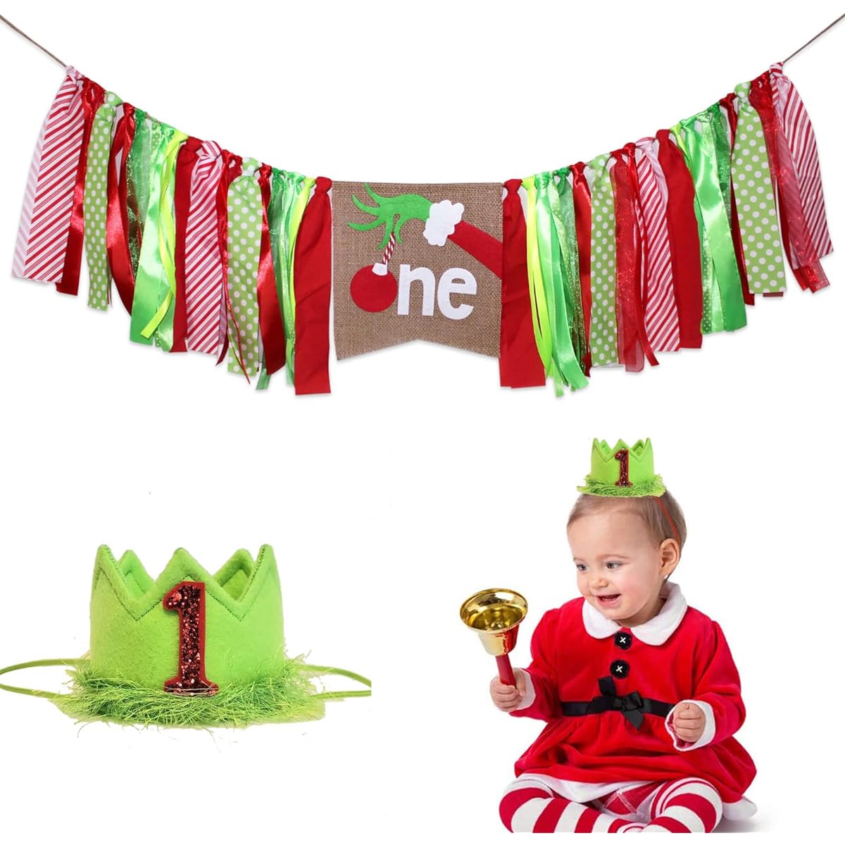 Christmas Highchair Banner Grinch Christmas 1st Birthday Sign Banner Candy Cane Red & Bright Green Highchair Garland with Christmas Crown Hat for Boys Girls Christmas First Birthday Photo Booth Props Cake Smash