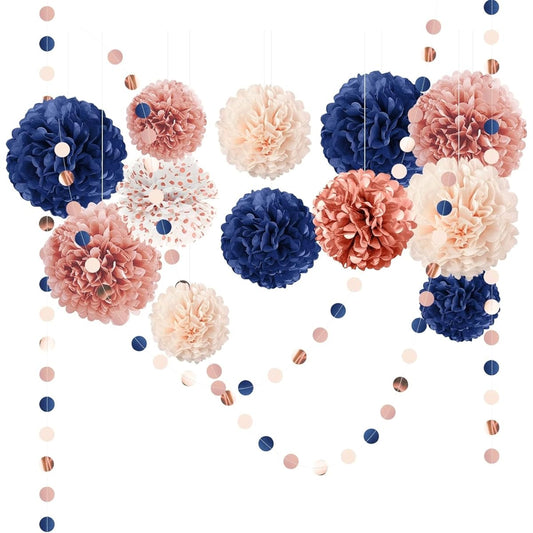 AOBKIAT Birthday Party Decorations Set, 15pcs Navy Rose Tissue Paper Pom Pom Circle Dots Colorful Paper Garland String Hanging Backdrop for Baby Shower, Gender Reveal, Patriotic, Boho Wedding Decor