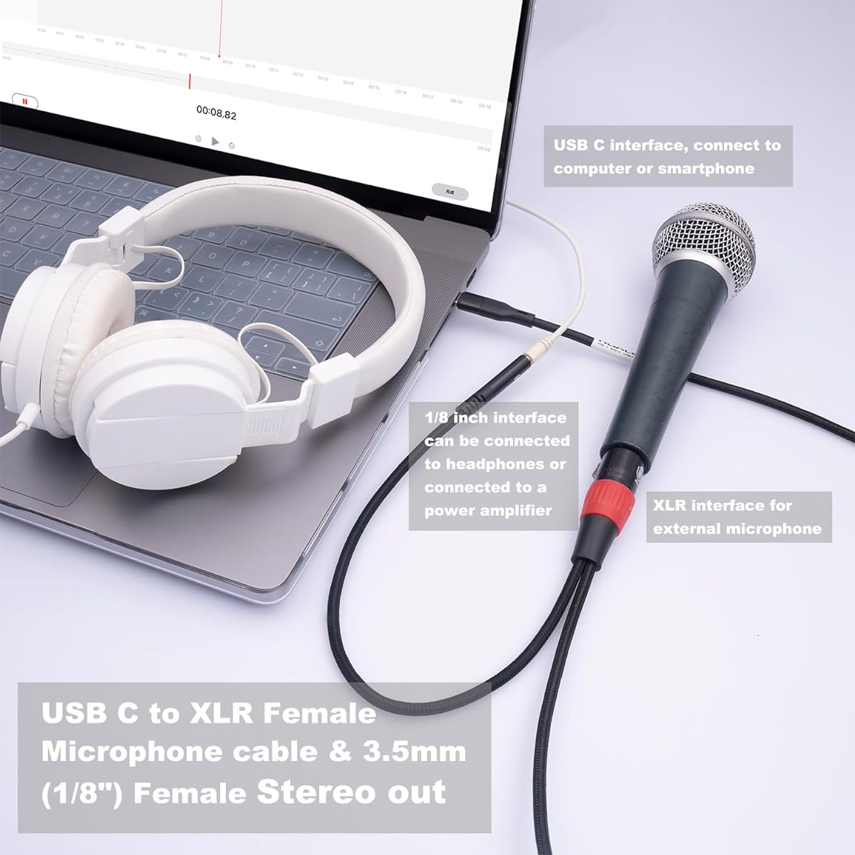 HUALEU 10ft USB C to XLR Female Microphone Cable & 3.5mm (1/8 inch) Female Stereo Output Adapter USB C to 3.5mm Headphone Cable & XLR Female Mic Record Cable for Smartphone Tablet Laptop, NTY35X-30